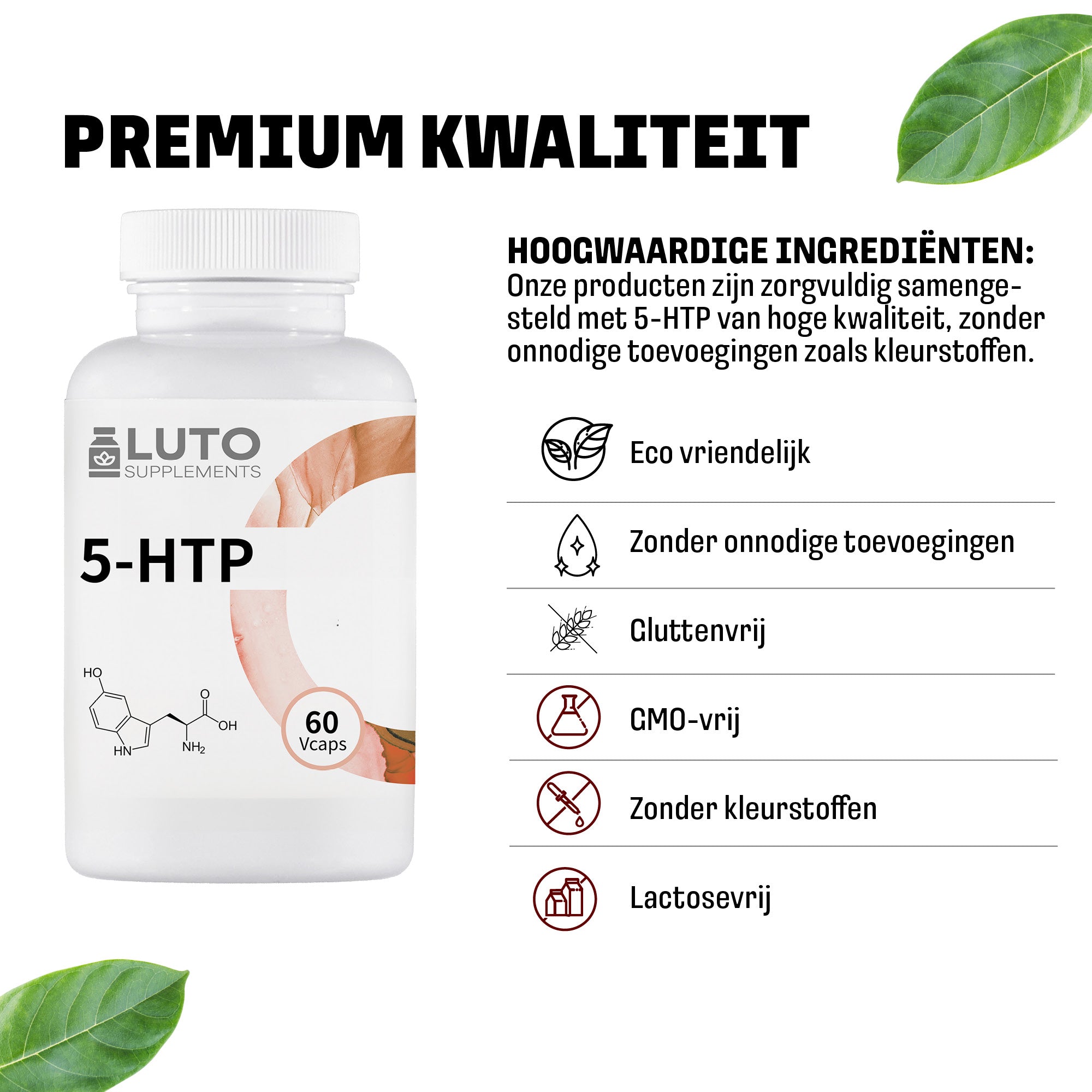 Qualité premium gélules LUTO 5-HTP, vegan, sans gluten, sans colorant et sans arômes artificiels