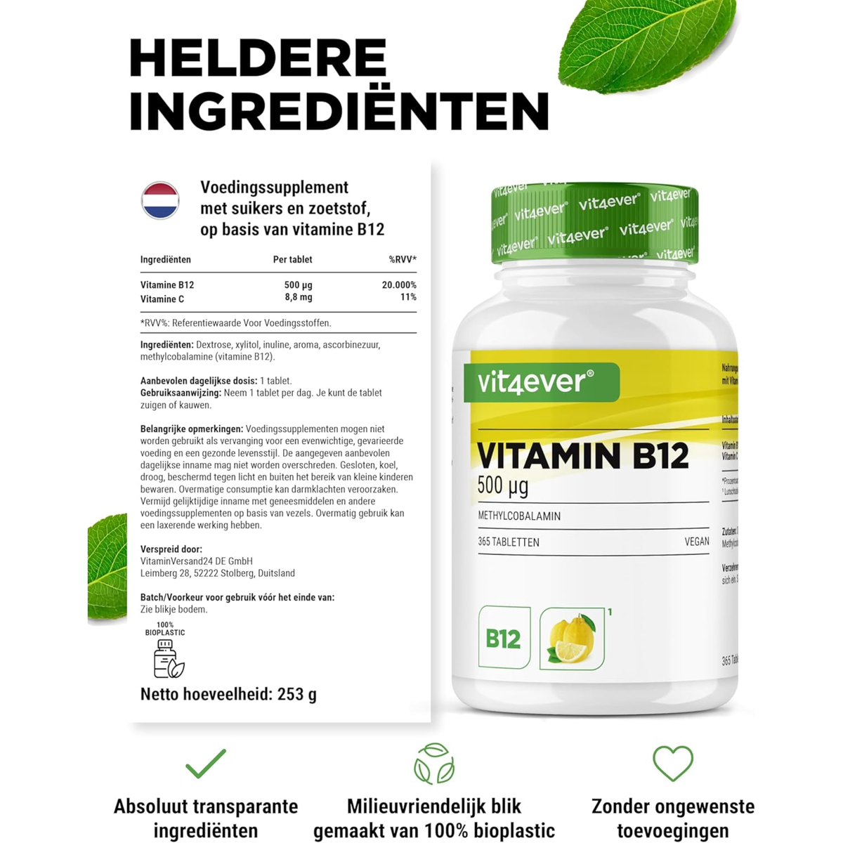 Vitamine B12 500 µg Citron (Méthylcobalamine) | 365 comprimés à sucer | Vit4ever