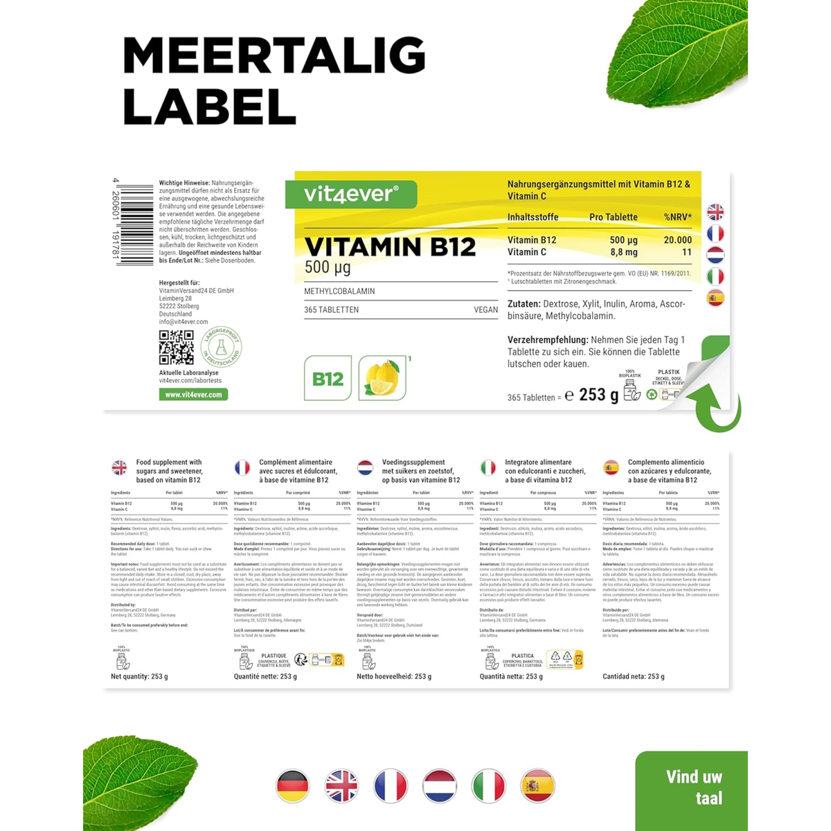 Vitamine B12 500 µg Citron (Méthylcobalamine) | 365 comprimés à sucer | Vit4ever
