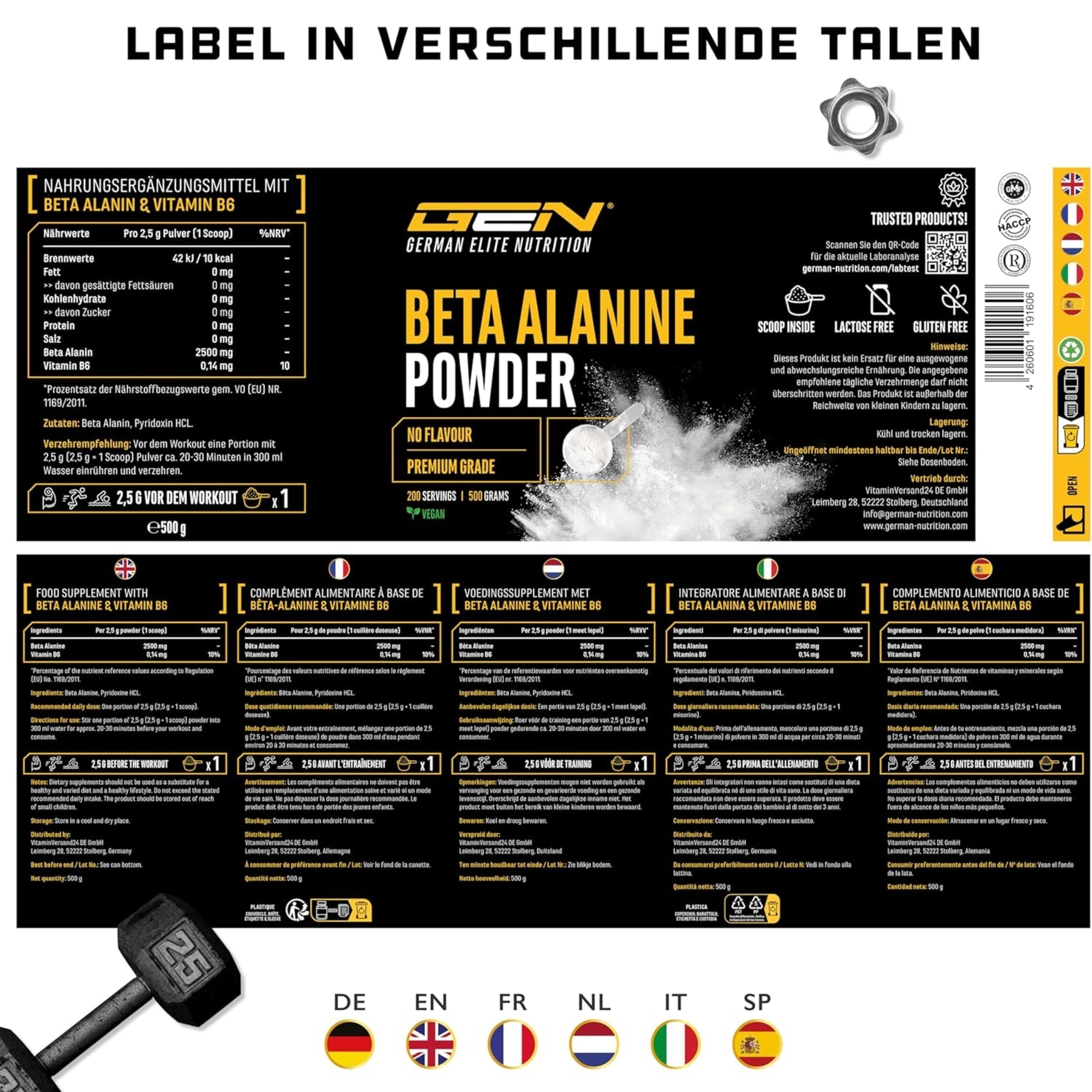 Beta-Alanine poudre | 500 g | German Elite Nutrition