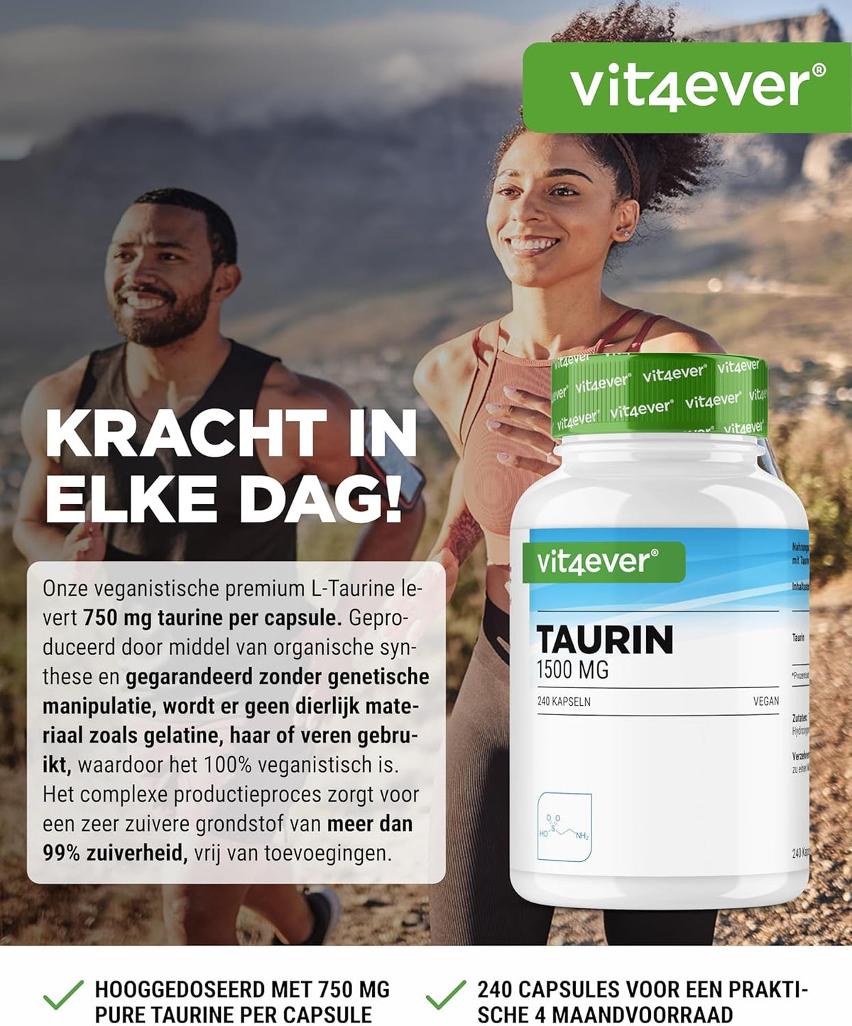 Vit4ever Taurine 1500 mg - complément d'acides aminés sans additifs inutiles