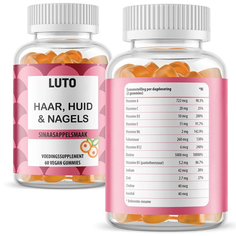 Gommes LUTO Cheveux Peau et Ongles recto et verso - valeurs nutritionnelles avec vitamines et zinc