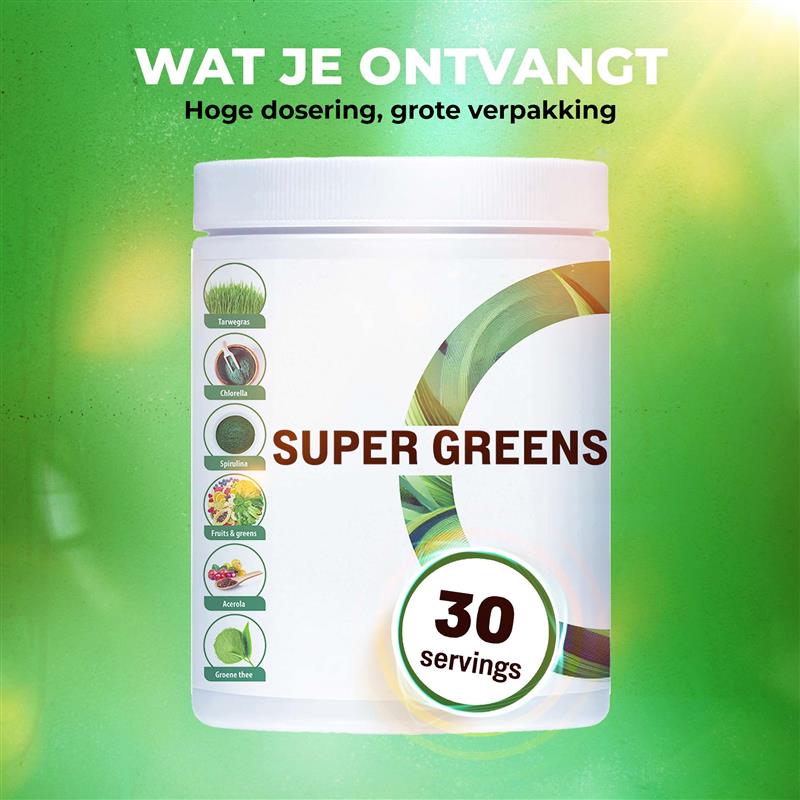 Ingrédients purs Super Greens LUTO Supplements - spiruline, chlorella, herbe d'orge et 24 autres superaliments