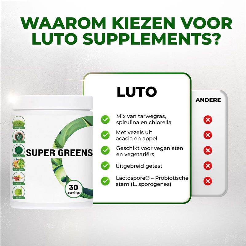 Qualité premium LUTO Super Greens poudre de superaliments - vegan, sans gluten, sans OGM et sans colorants artificiels
