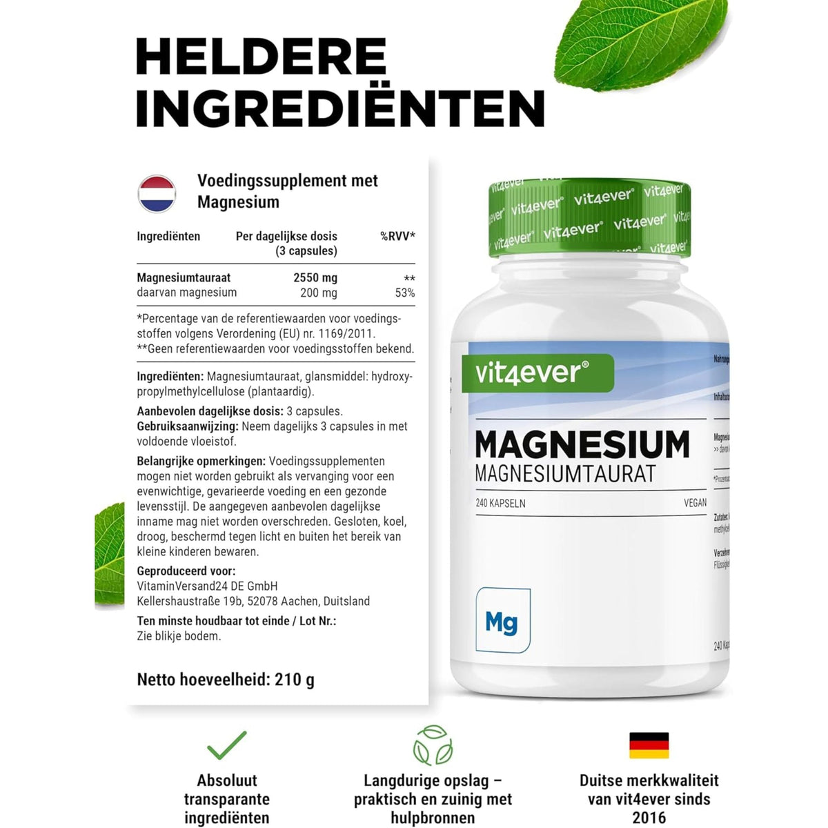 Taurate de Magnésium 200mg | 240 Gélules | Vit4ever