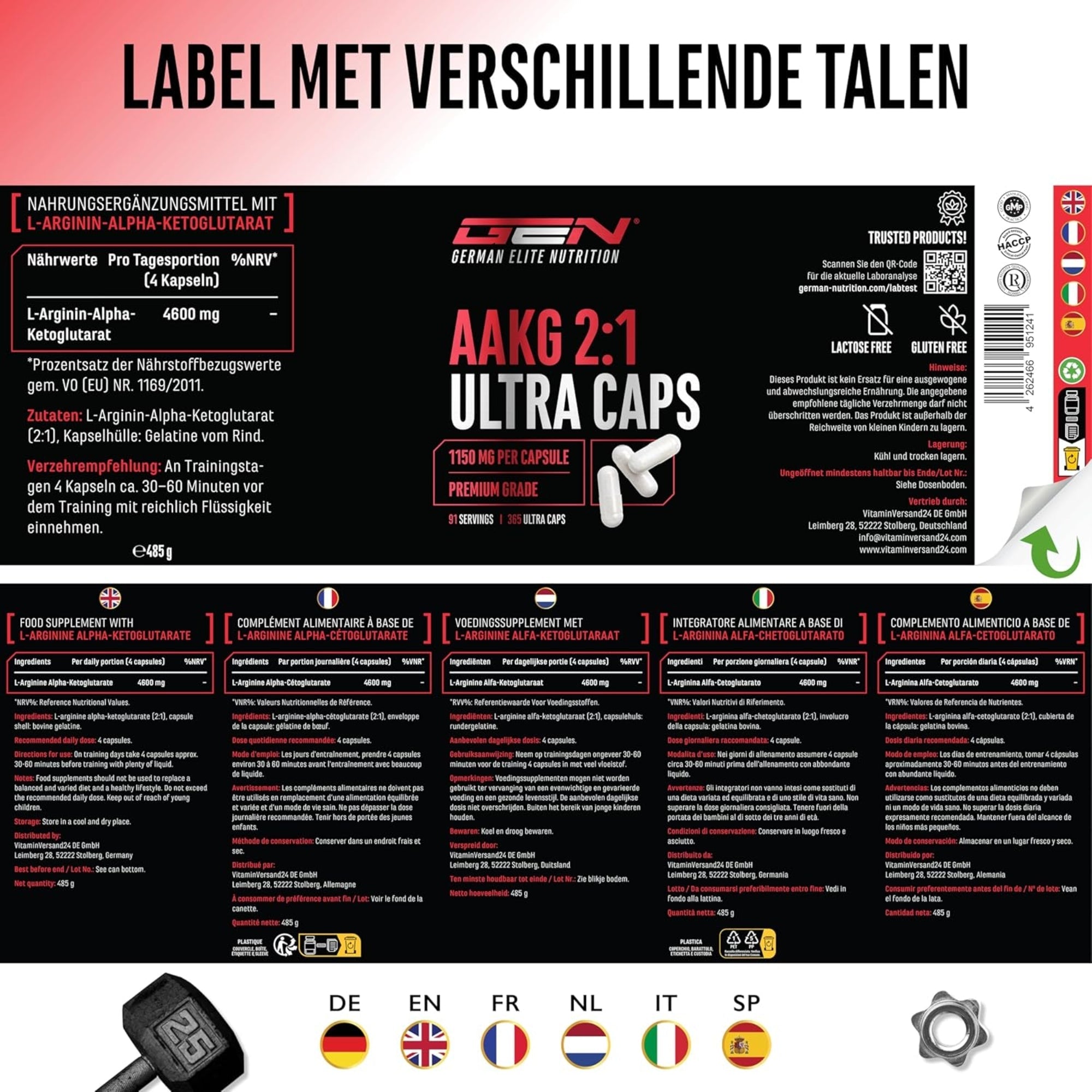 AAKG Ultra Caps 1150mg | 365 gélules | German Elite Nutrition