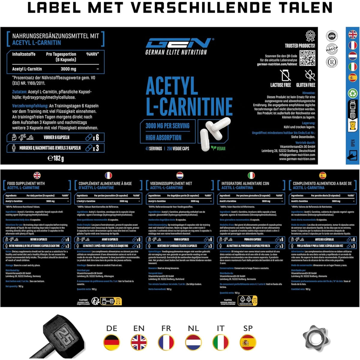 Acétyl L-carnitine étiquette multilingue