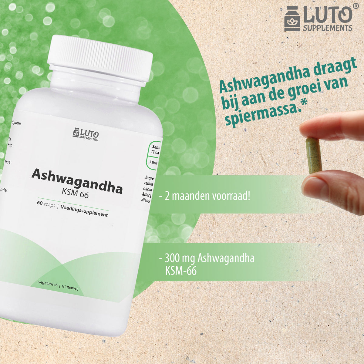 LUTO Ashwagandha KSM-66 - 2 mois de réserve avec 300 mg d'extrait KSM-66 par gélule