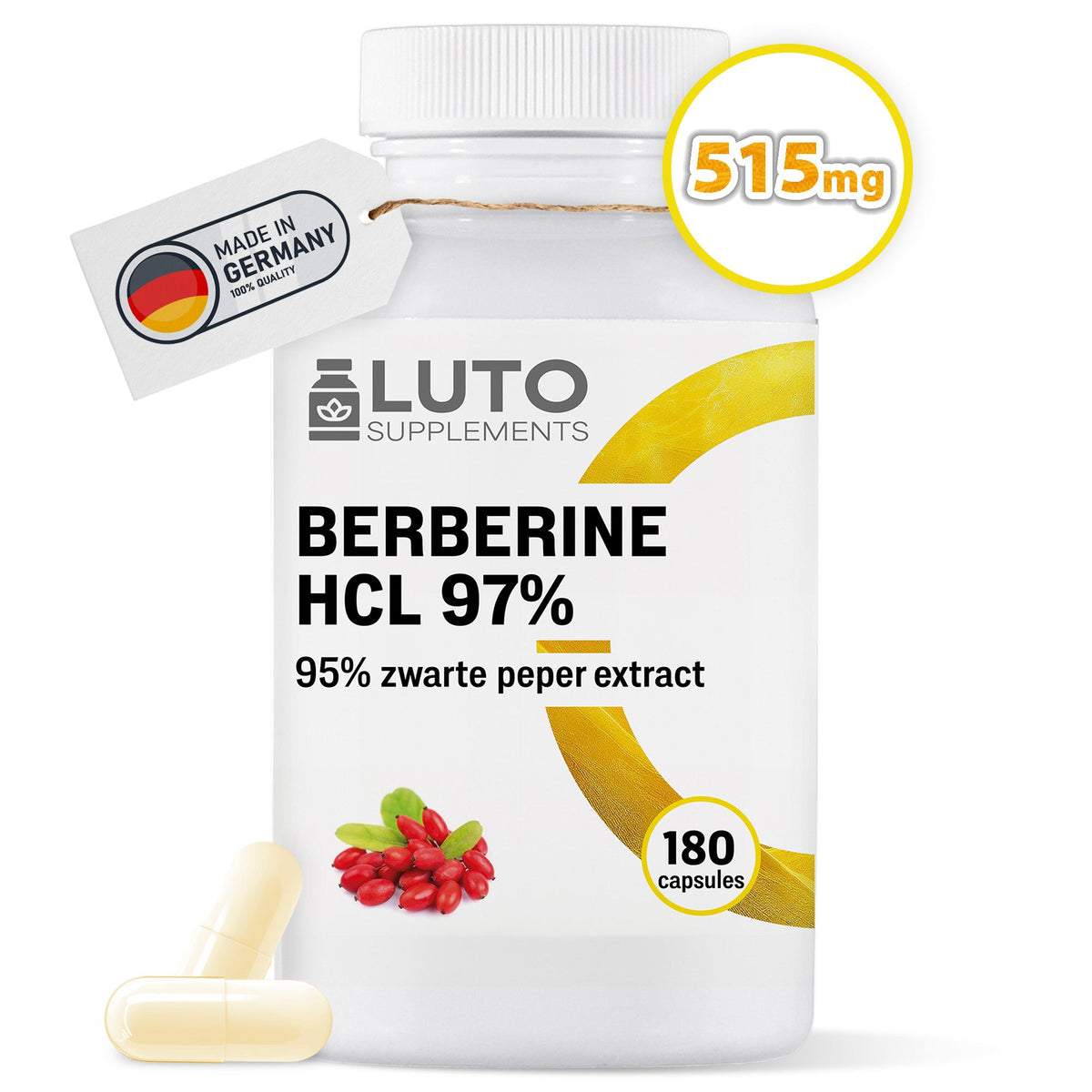 LUTO Supplements Berbérine HCL 97% 515mg 180 gélules vegan avec extrait de poivre noir | acheter en France et en Belgique