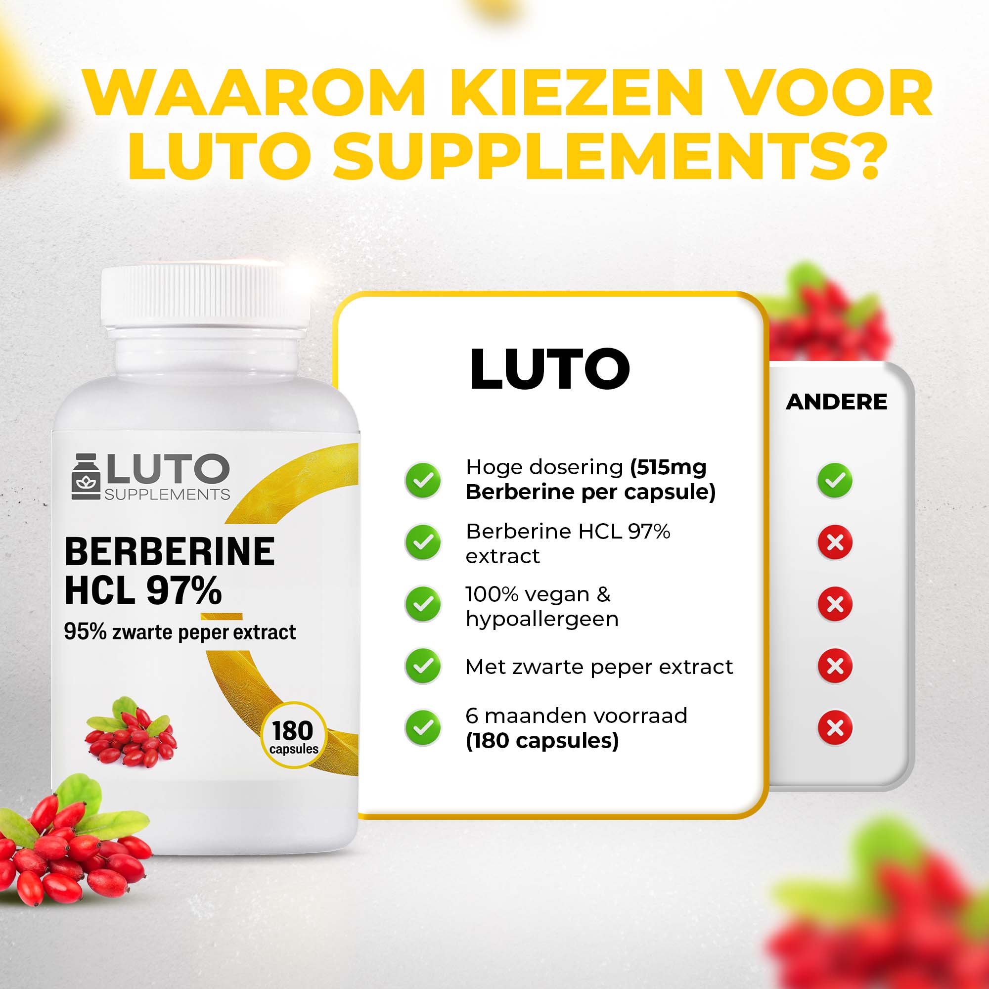 Pourquoi choisir la LUTO Berbérine HCL 97% - 515mg, vegan, extrait de poivre noir, 6 mois de réserve
