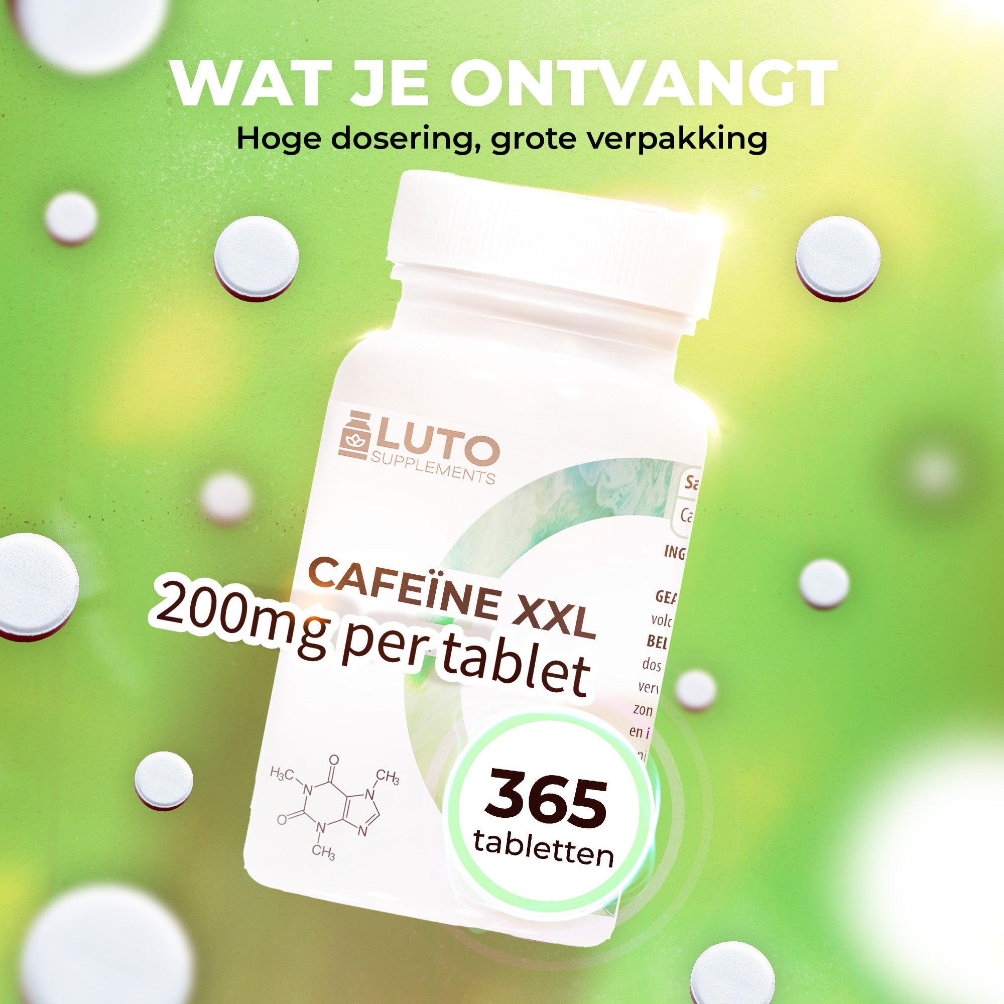 LUTO Caféine XXL 365 comprimés grand format - caféine anhydre à dosage élevé