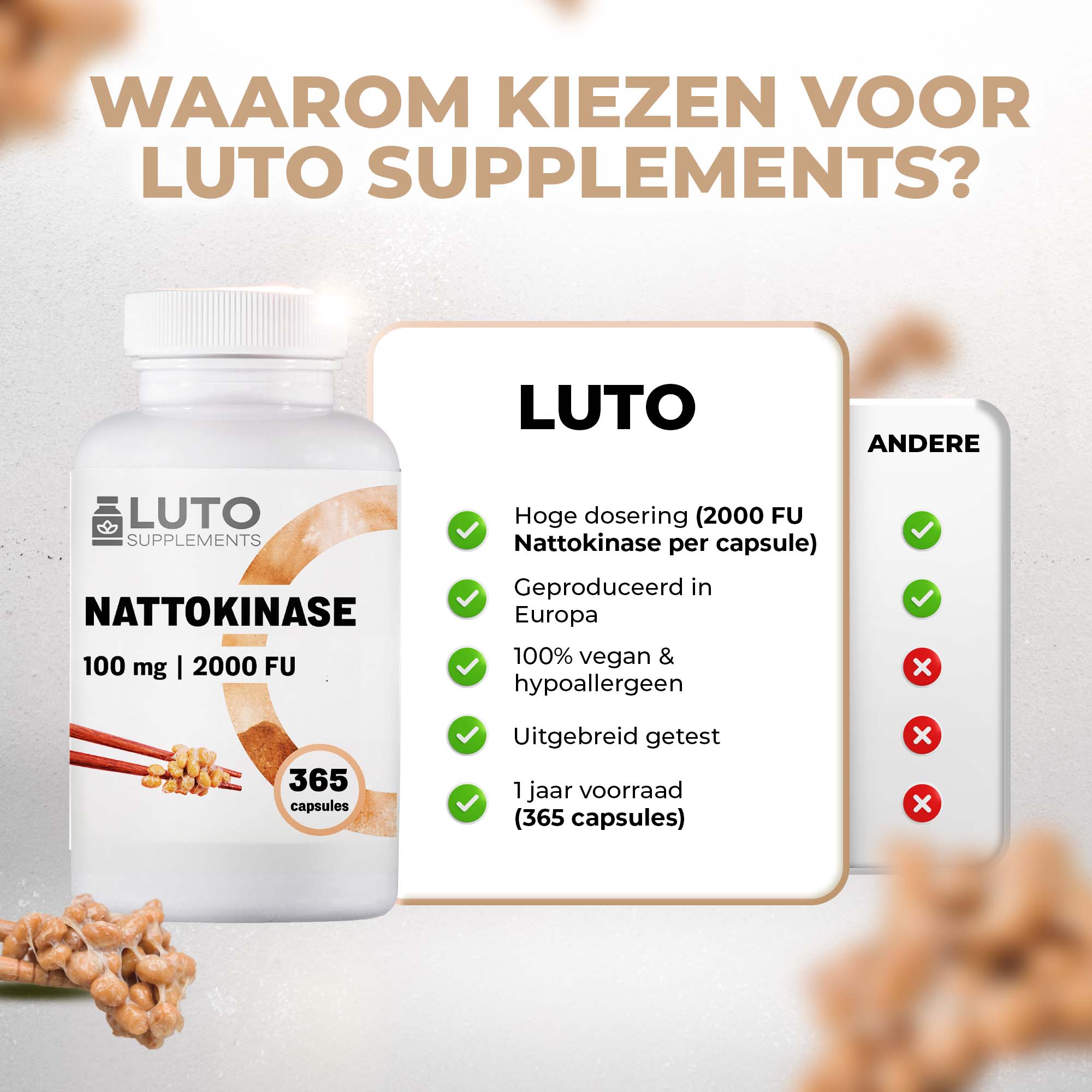 Pourquoi choisir la LUTO Nattokinase - haute teneur et un an de réserve avec 365 gélules
