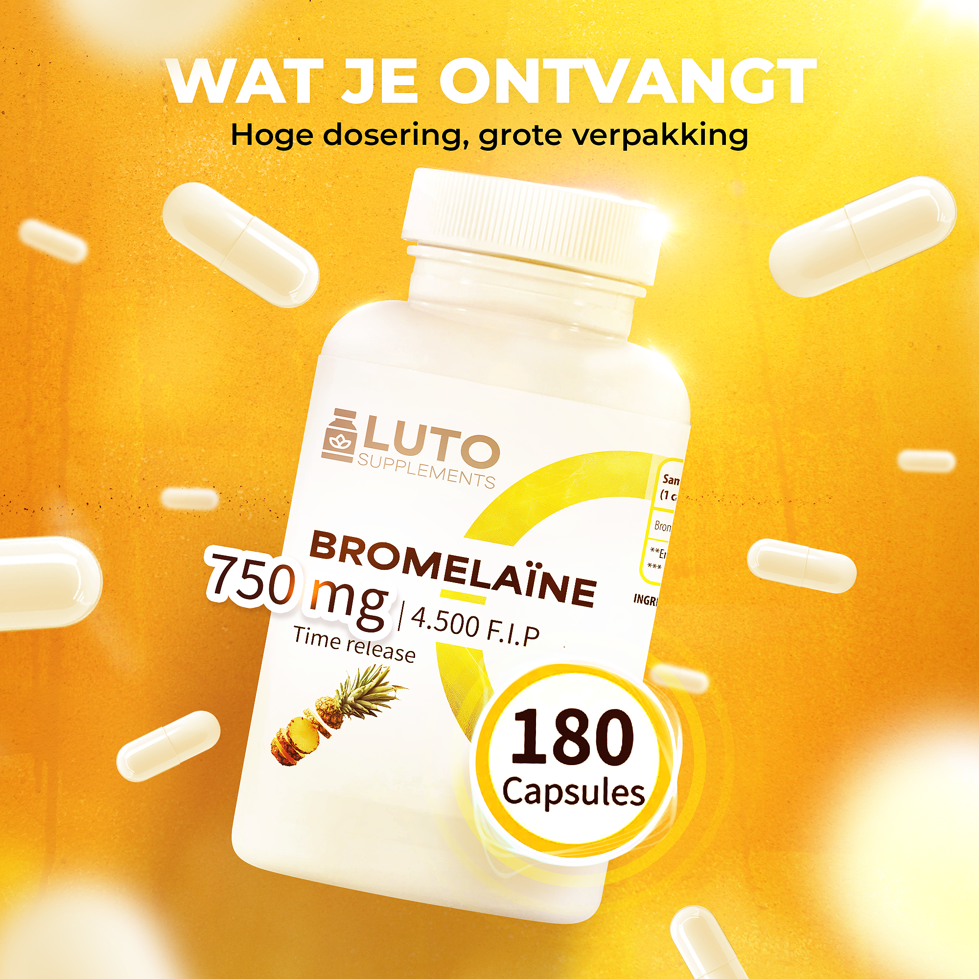 Pot de bromélaïne avec 180 gélules, 750 mg et 4500 F.I.P. par gélule à libération prolongée