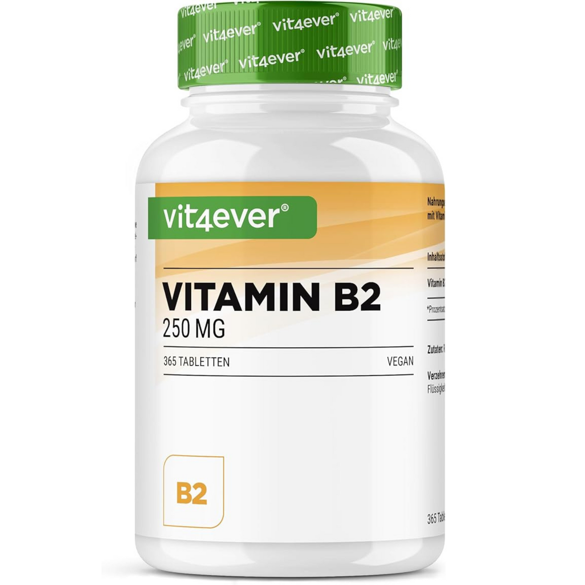 Pot de Vit4ever Vitamine B2 avec 365 comprimés vegan, étiquette bien visible.