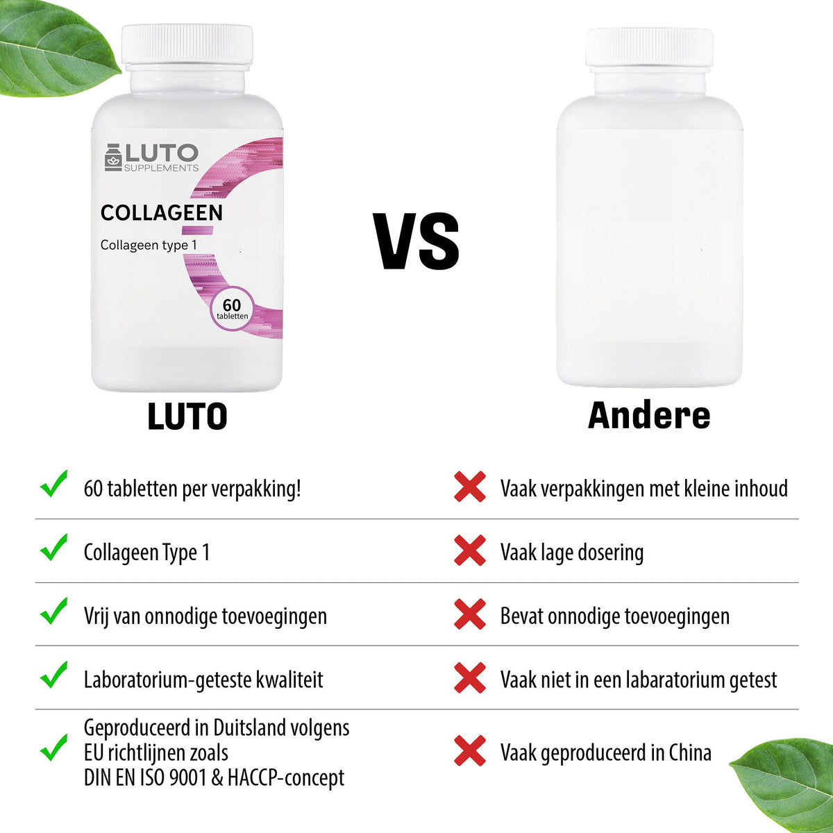 Comparaison LUTO Collagène Type 1 avec d'autres marques - 60 comprimés sans additifs inutiles