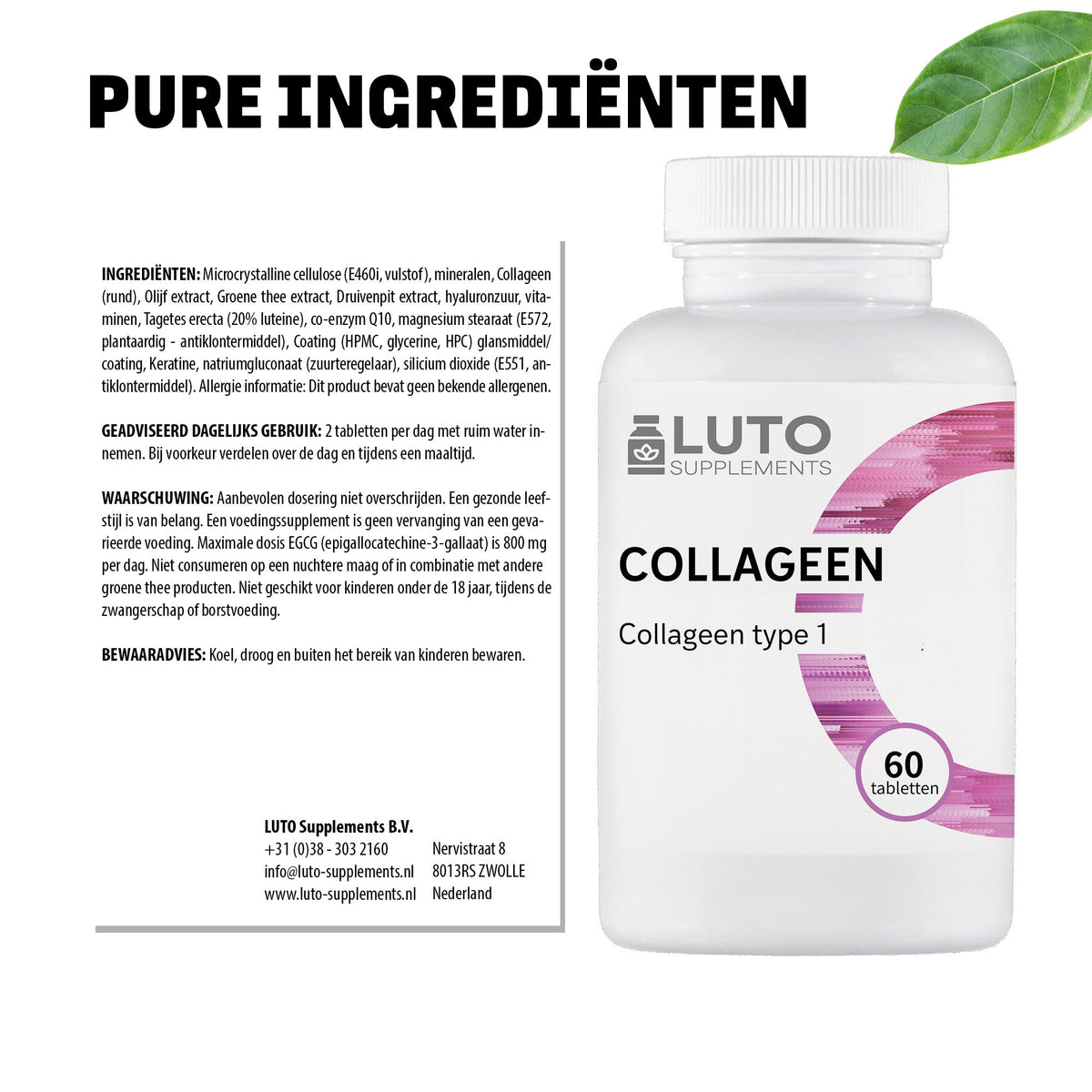 Ingrédients et composition LUTO Collagène Type 1 comprimés - formule de collagène pure