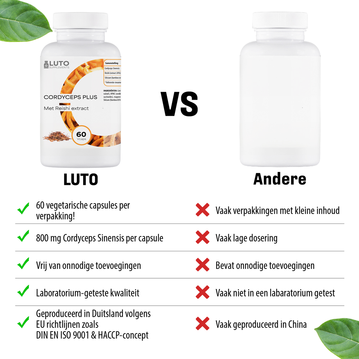 LUTO Cordyceps Plus comparaison - 60 gélules avec cordyceps et extrait de reishi 20%, vegan