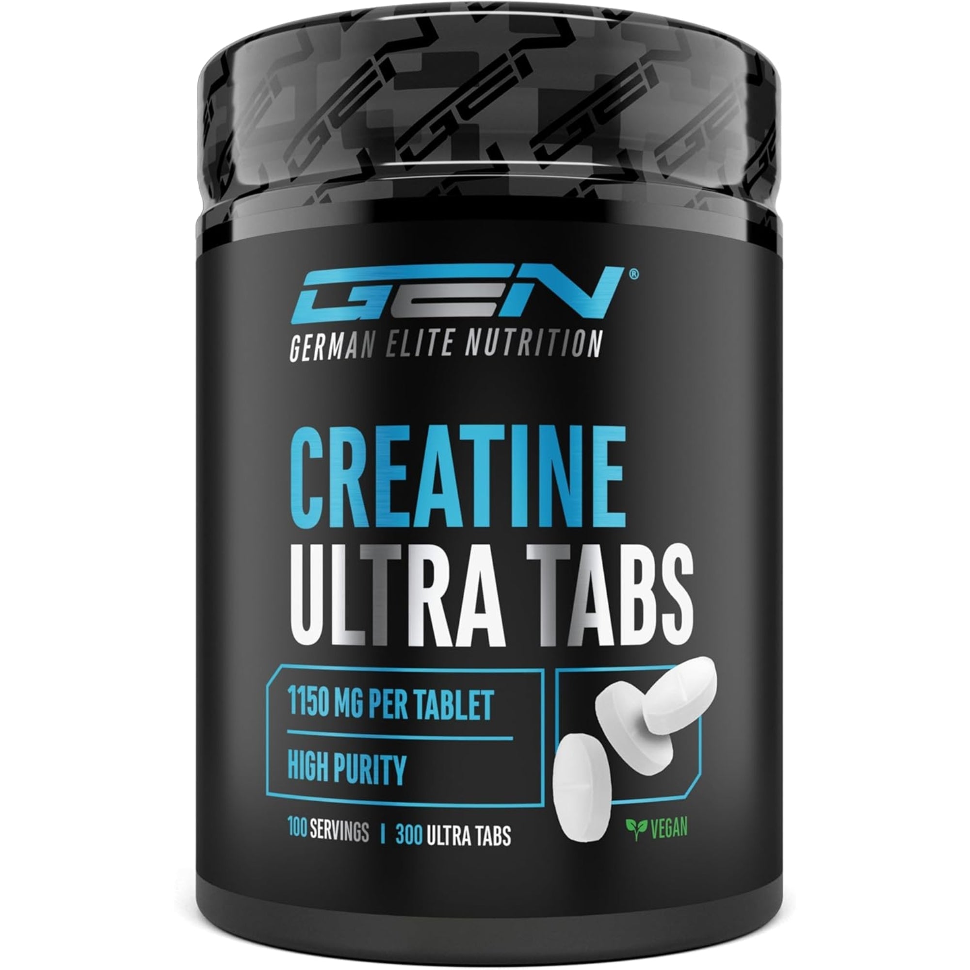 GEN German Elite Nutrition Créatine Ultra Comprimés 300 comprimés vue de face sur fond blanc, 1150 mg par comprimé, haute pureté, végane