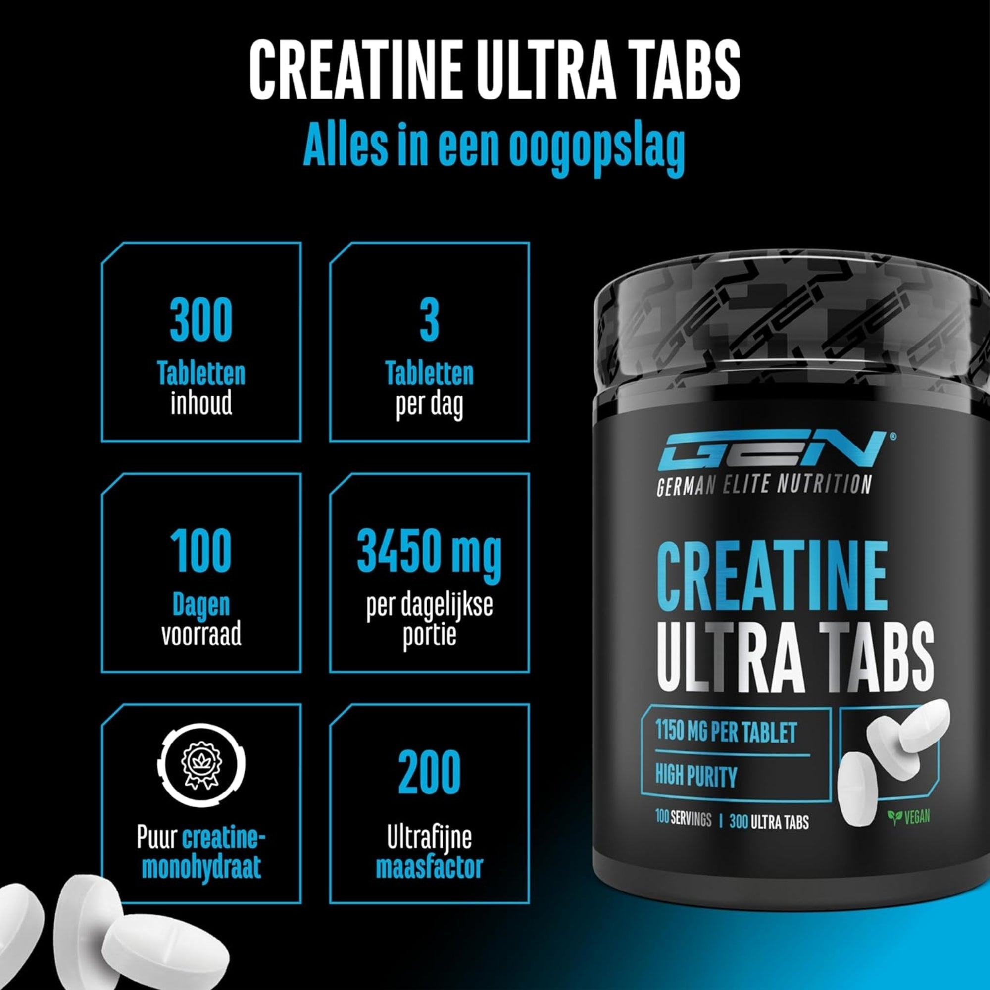 GEN German Elite Nutrition Créatine Ultra Comprimés Infographie - 300 comprimés, 3 par jour, 100 jours de réserve, 3450 mg par portion