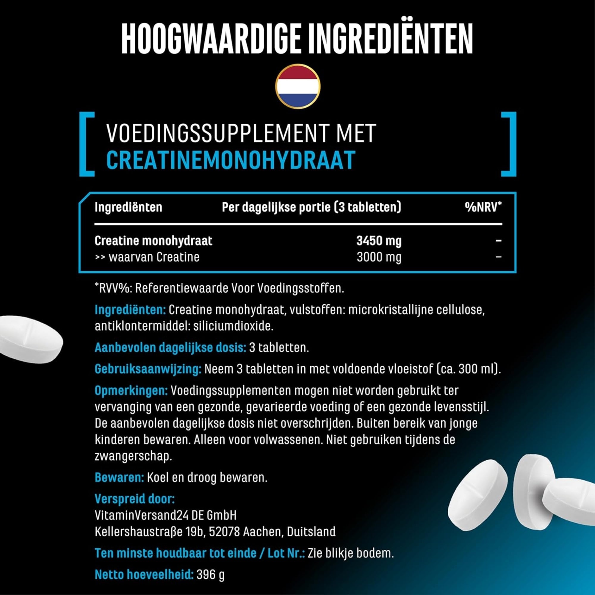 GEN German Elite Nutrition Créatine Ultra Comprimés Tableau des valeurs nutritionnelles et ingrédients en néerlandais