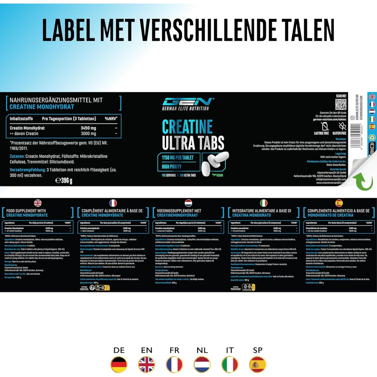 GEN German Elite Nutrition Créatine Ultra Comprimés Étiquette dépliée en 6 langues : DE, EN, FR, NL, IT, SP