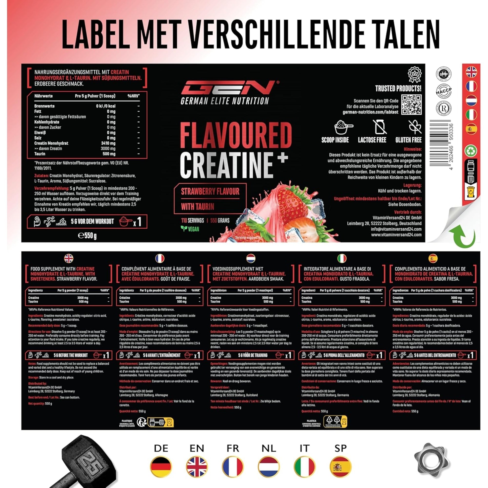 Créatine Aromatisée+ (Créatine Monohydrate & Taurine) | 550 g | German Elite Nutrition