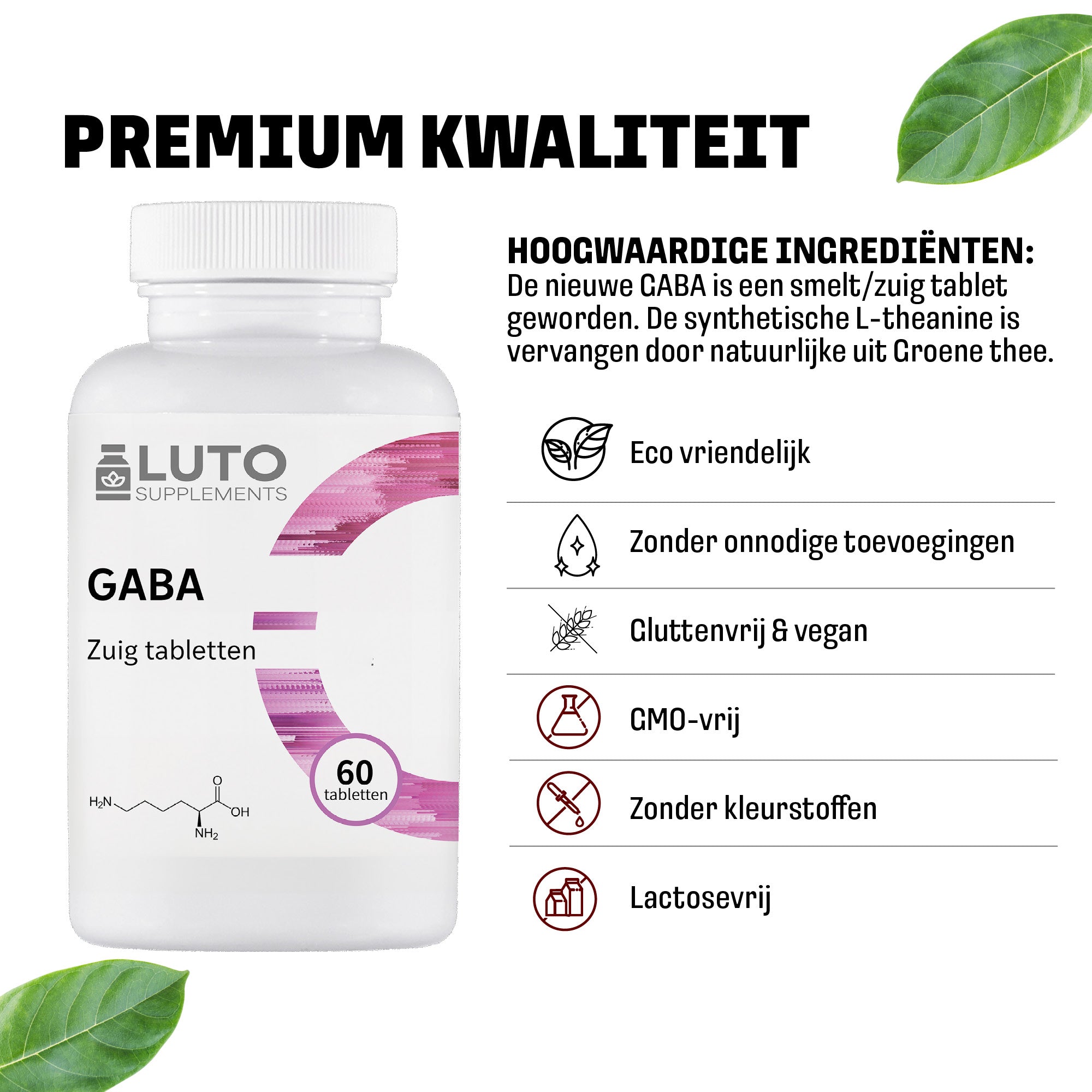 Qualité premium LUTO comprimés à sucer GABA - vegan, sans OGM, sans colorants ni parfums artificiels