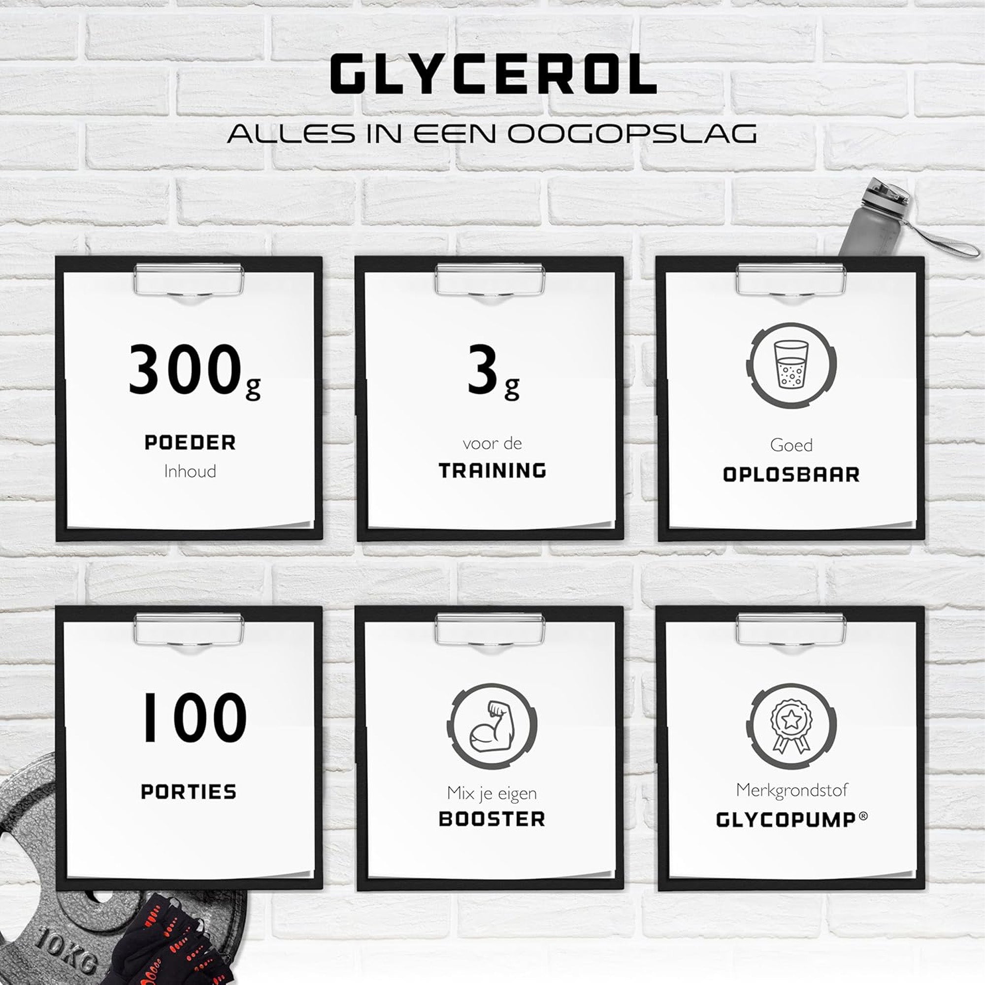 Ingrédients et informations nutritionnelles : « Informations nutritionnelles de GlycoPump® - 3 g de poudre par portion, 65 % de glycérol, adaptée aux vegans et sans allergènes. »