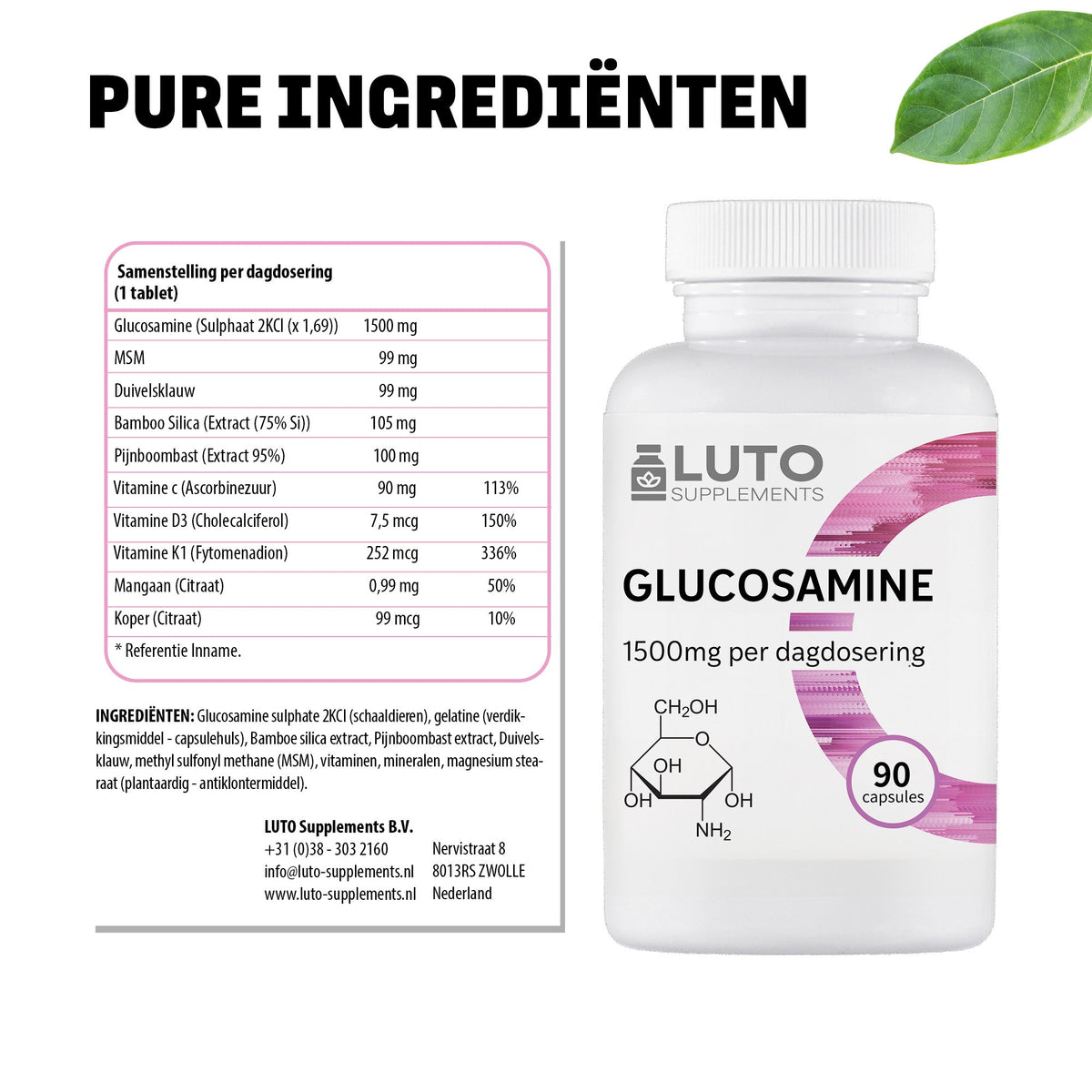 Composition des gélules LUTO Glucosamine - avec silicium de bambou, manganèse, vitamines D et K1