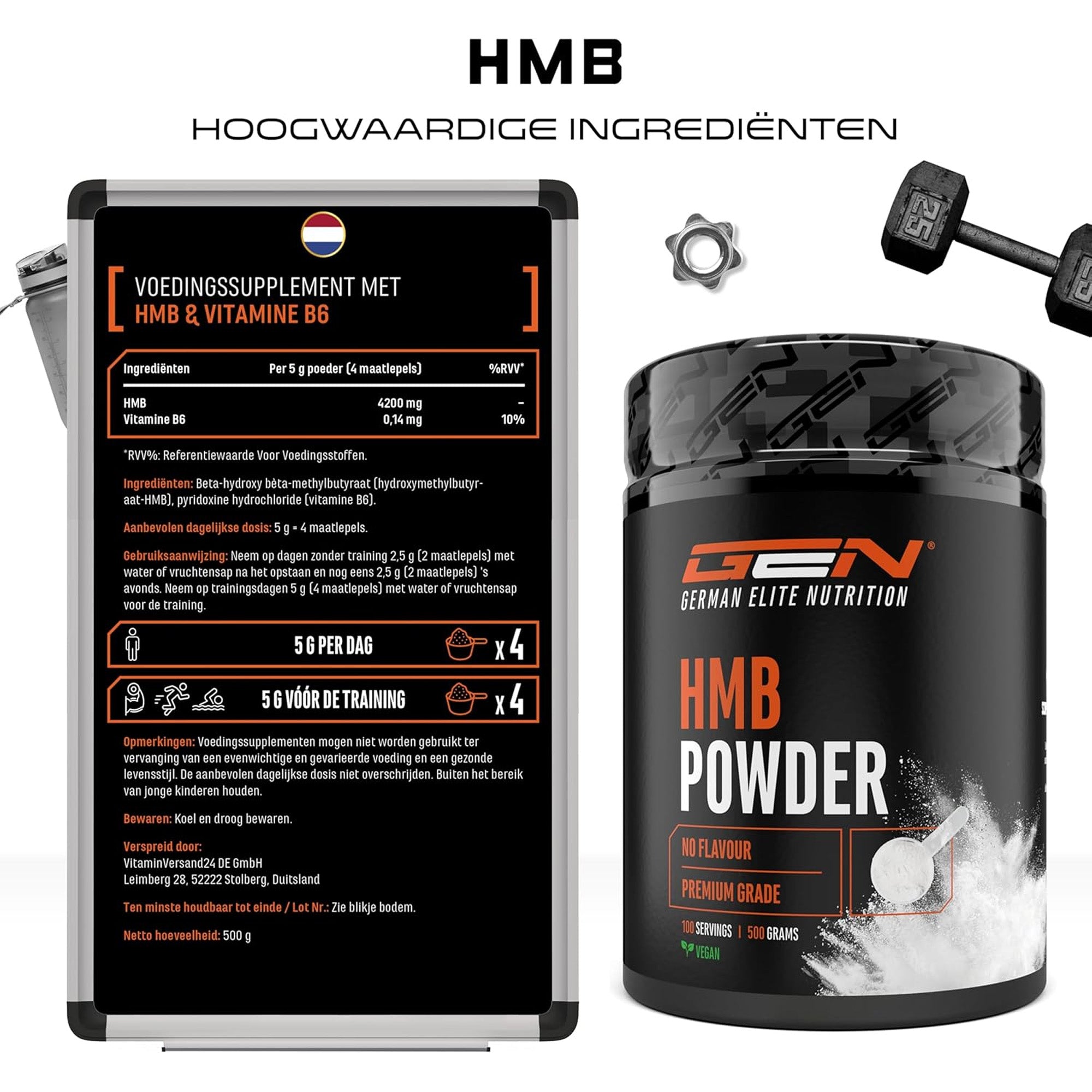 Infographie de la poudre HMB - pure, 100 % végane, sans gluten et sans colorants.