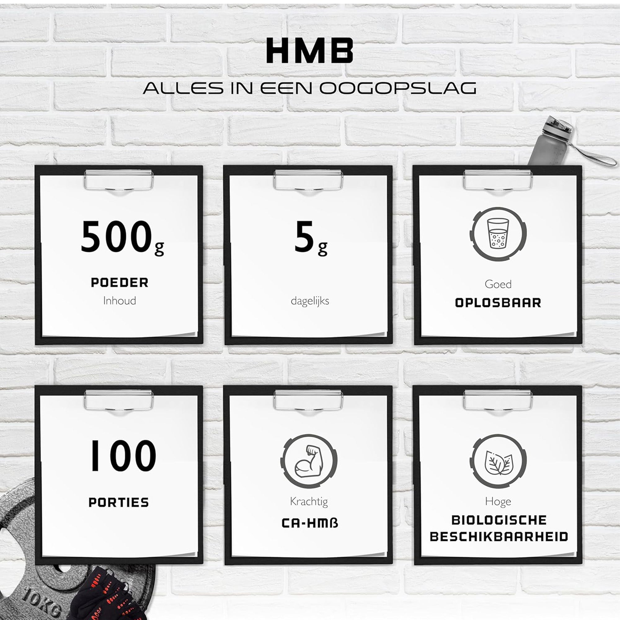 Infographie présentant les avantages de HMB Powder - Ca-HMB puissant, soluble, biodisponible et sans additifs.