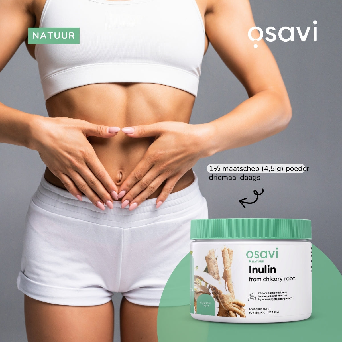 Osavi Inuline en poudre en utilisation - 1½ cuillère-mesure (4,5 g) de fibres prébiotiques trois fois par jour