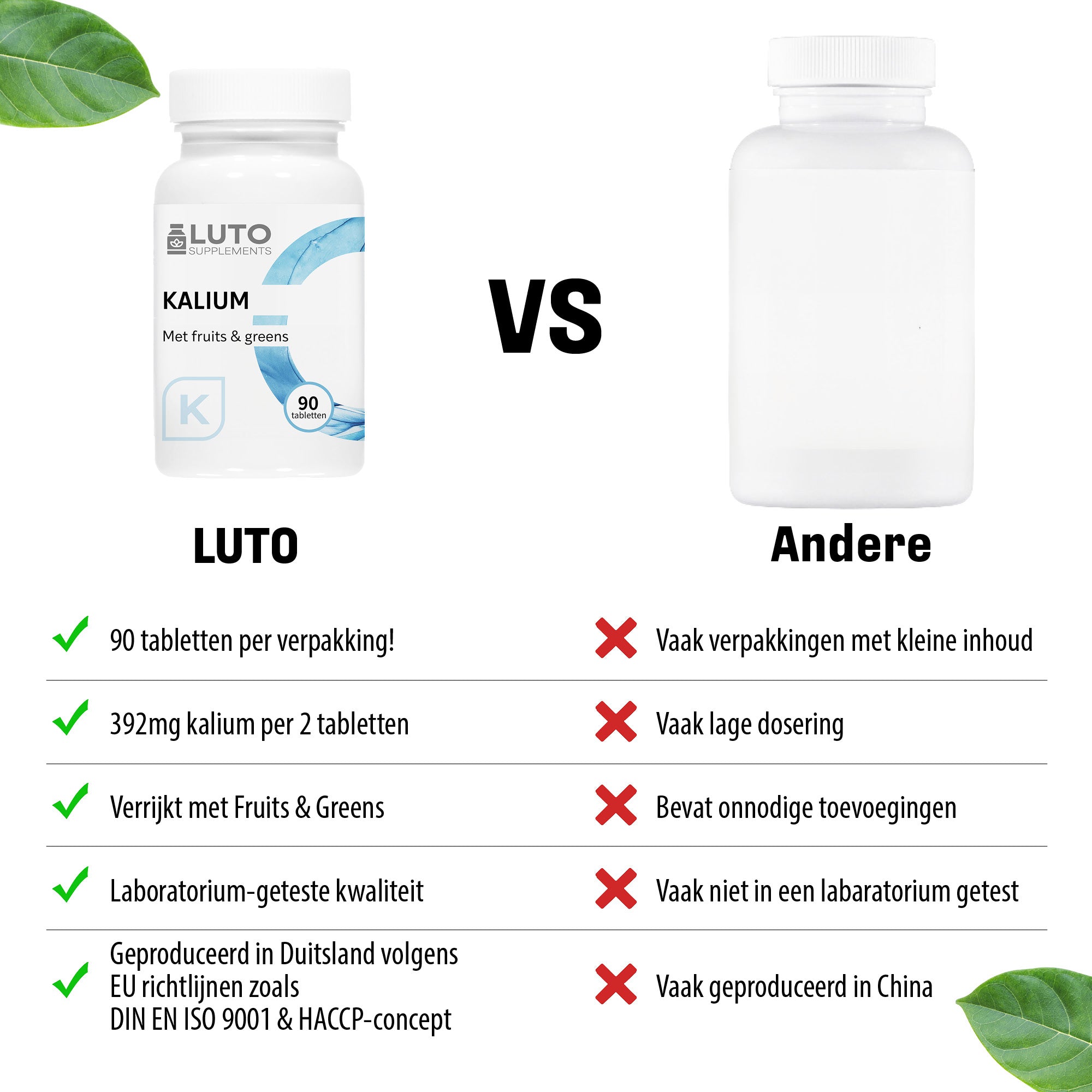 Qualité premium comprimés LUTO Potassium, ingrédients naturels, végétarien, sans colorants artificiels