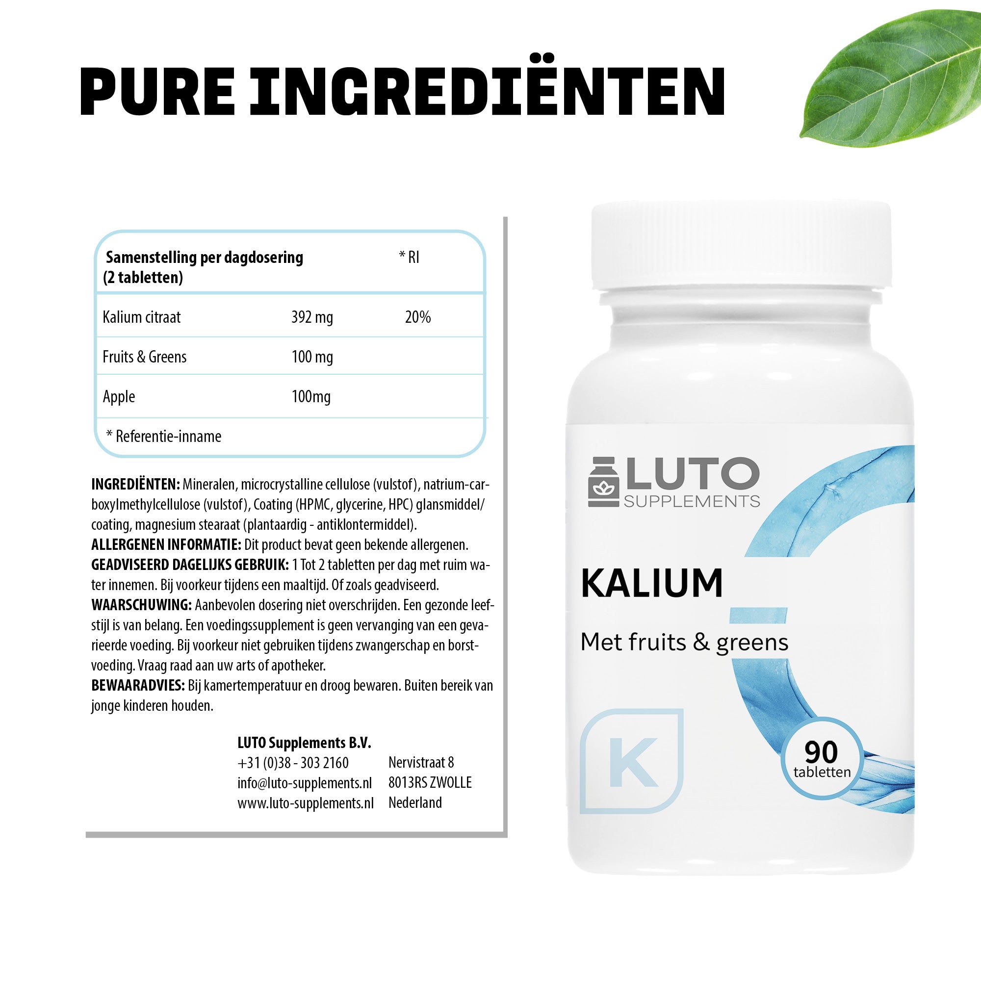 Ingrédients purs Potassium LUTO Supplements, potassium avec mélange fruits et greens saveur pomme acidulée