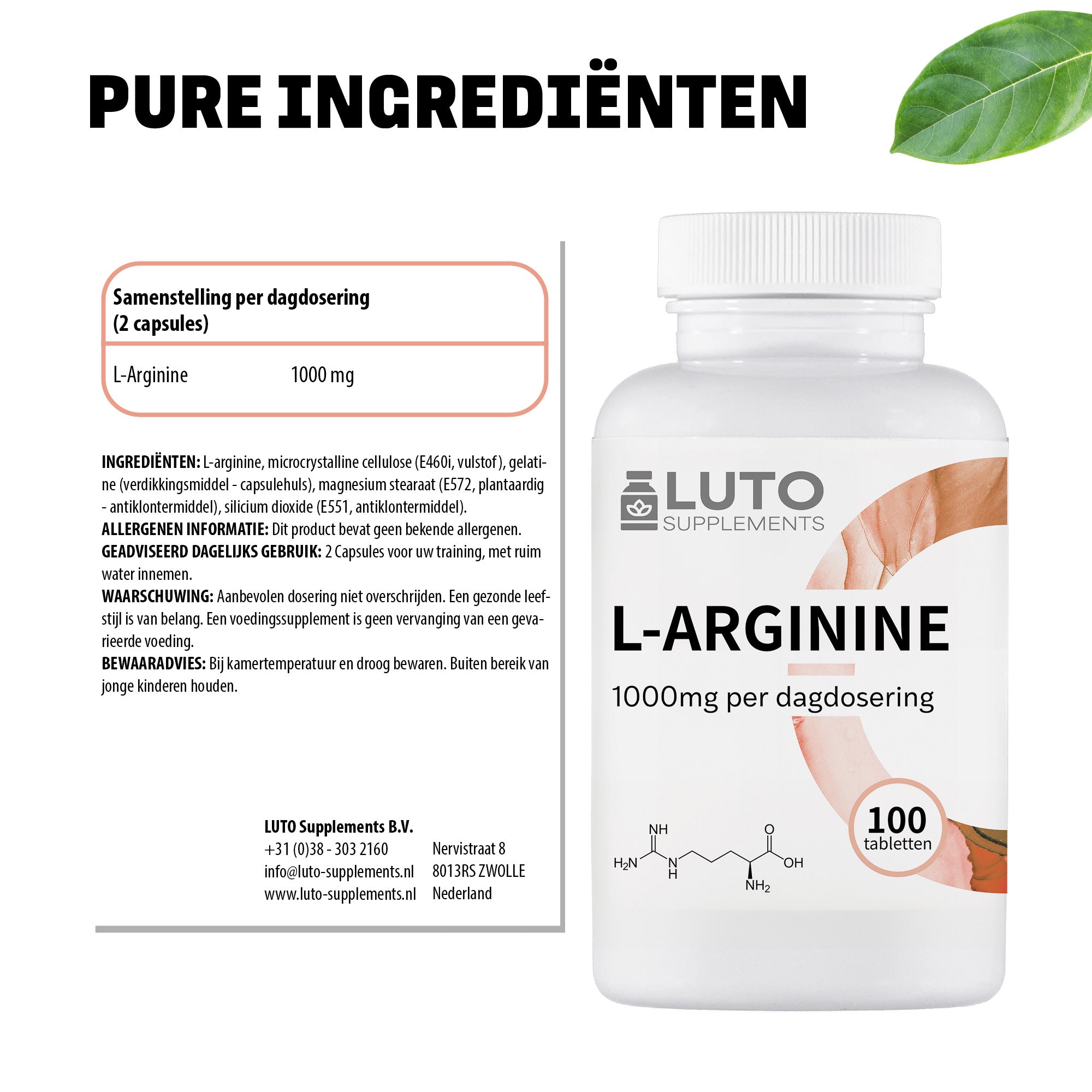Ingrédients LUTO L-Arginine gélules - 1000 mg de L-arginine pure par dose journalière