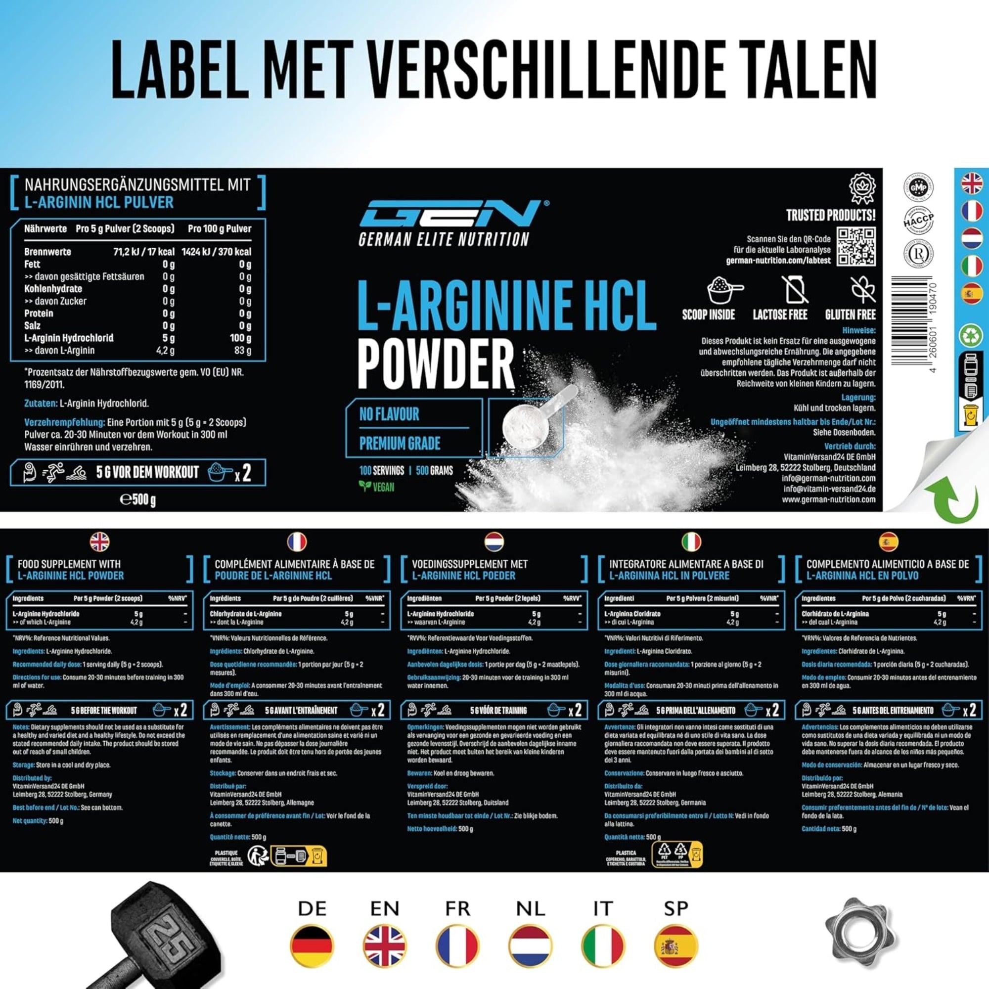 L-arginine HCL poudre étiquette multilingue GEN