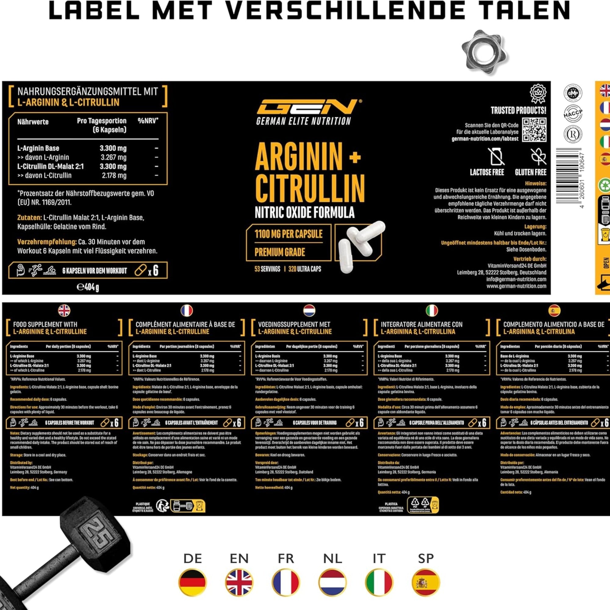 L-arginine et L-citrulline étiquette multilingue GEN