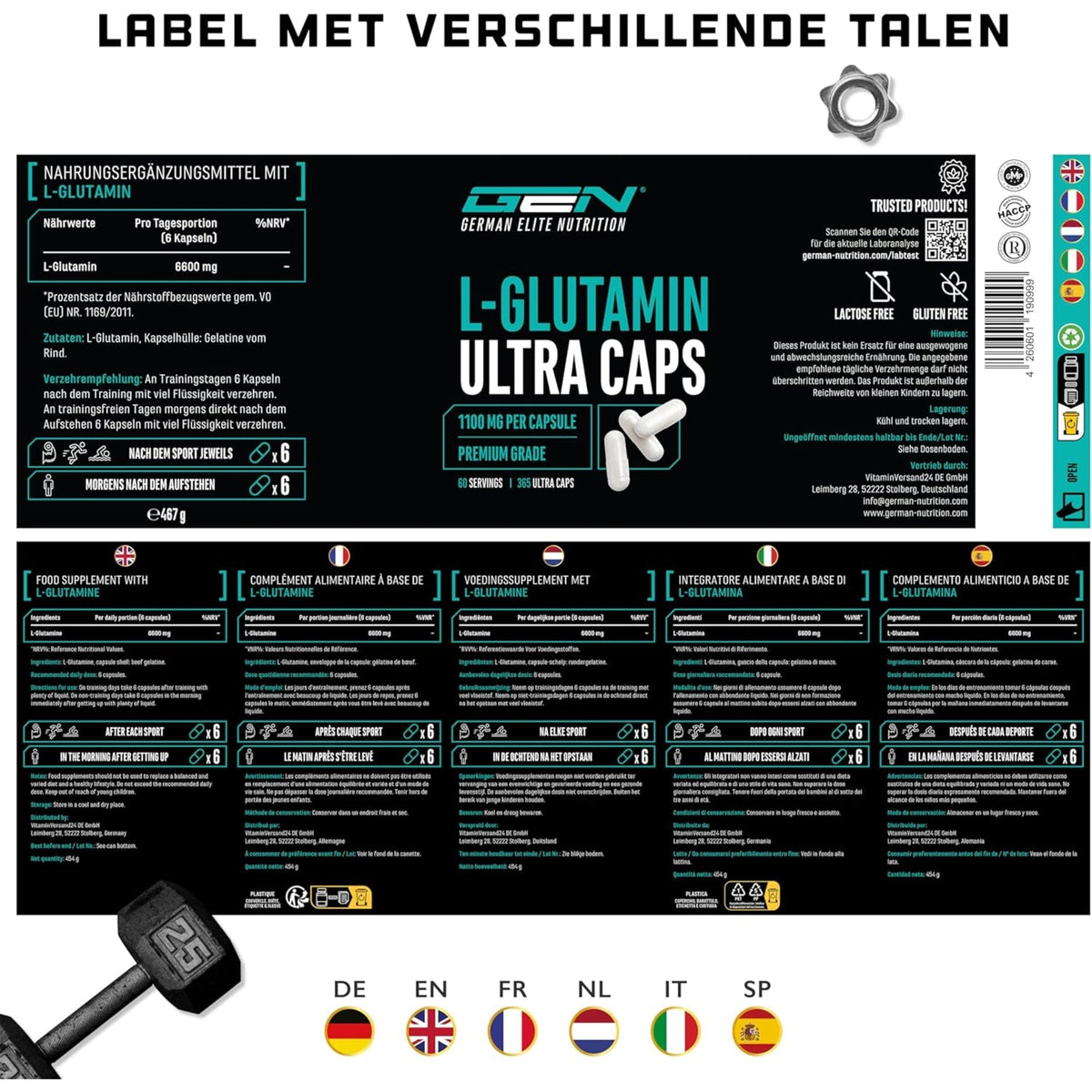 Étiquette multilingue L-glutamine ultra gélules GEN
