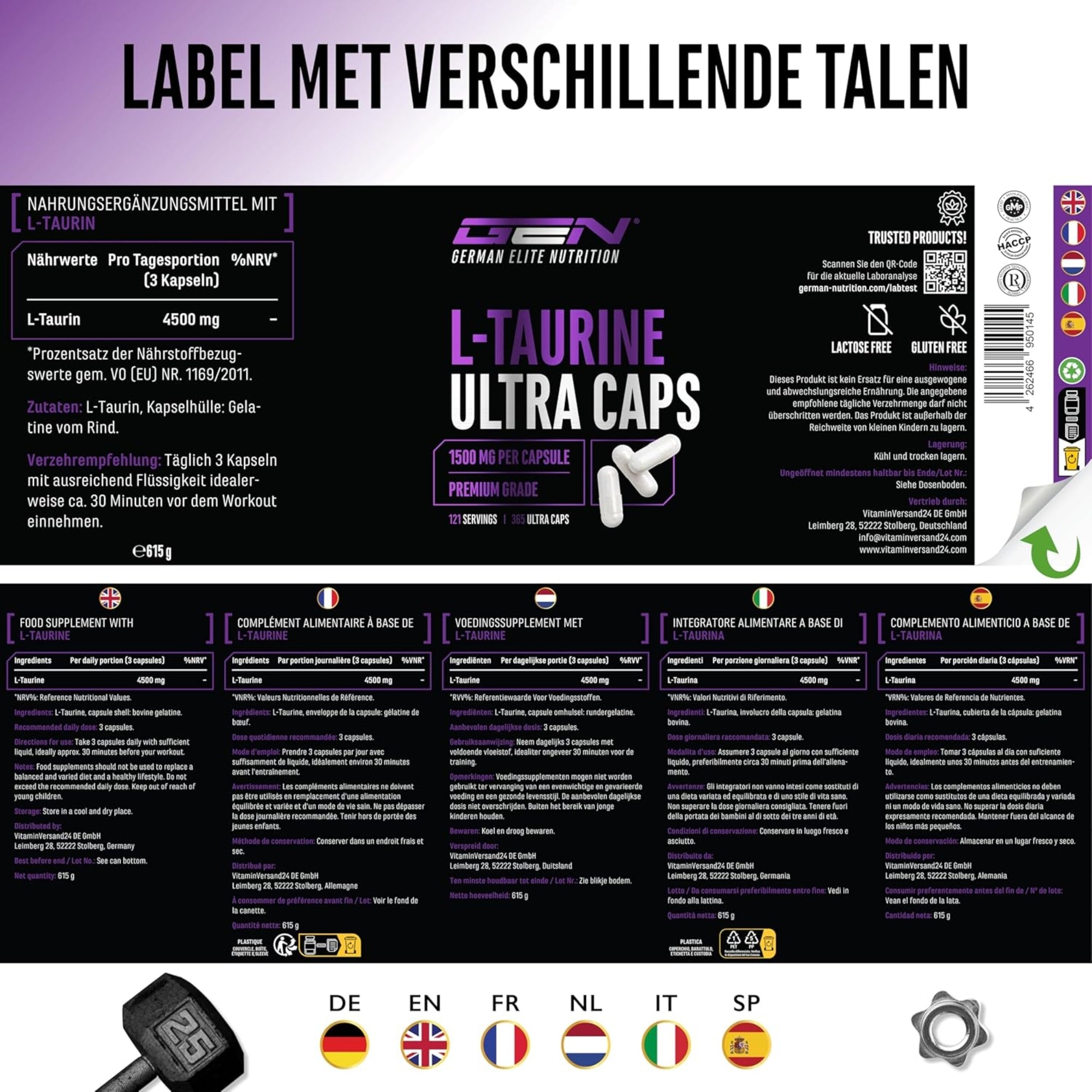 Pot de L-Taurine Ultra Caps 1500 mg, 365 gélules, German Elite Nutrition