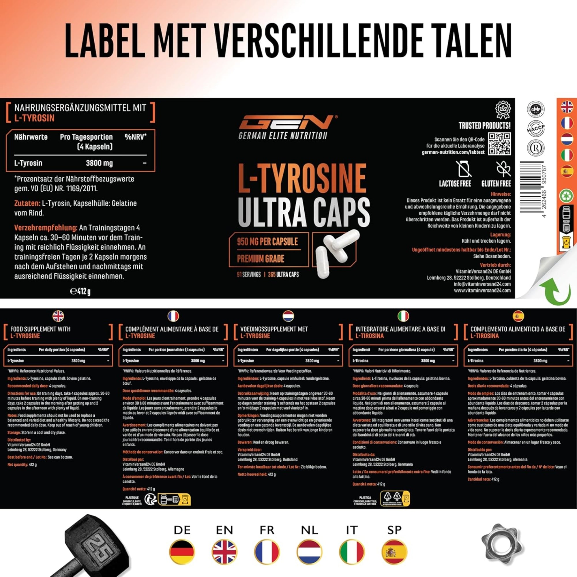 L-Tyrosine Ultra 950mg | 365 Gélules | German Elite Nutrition