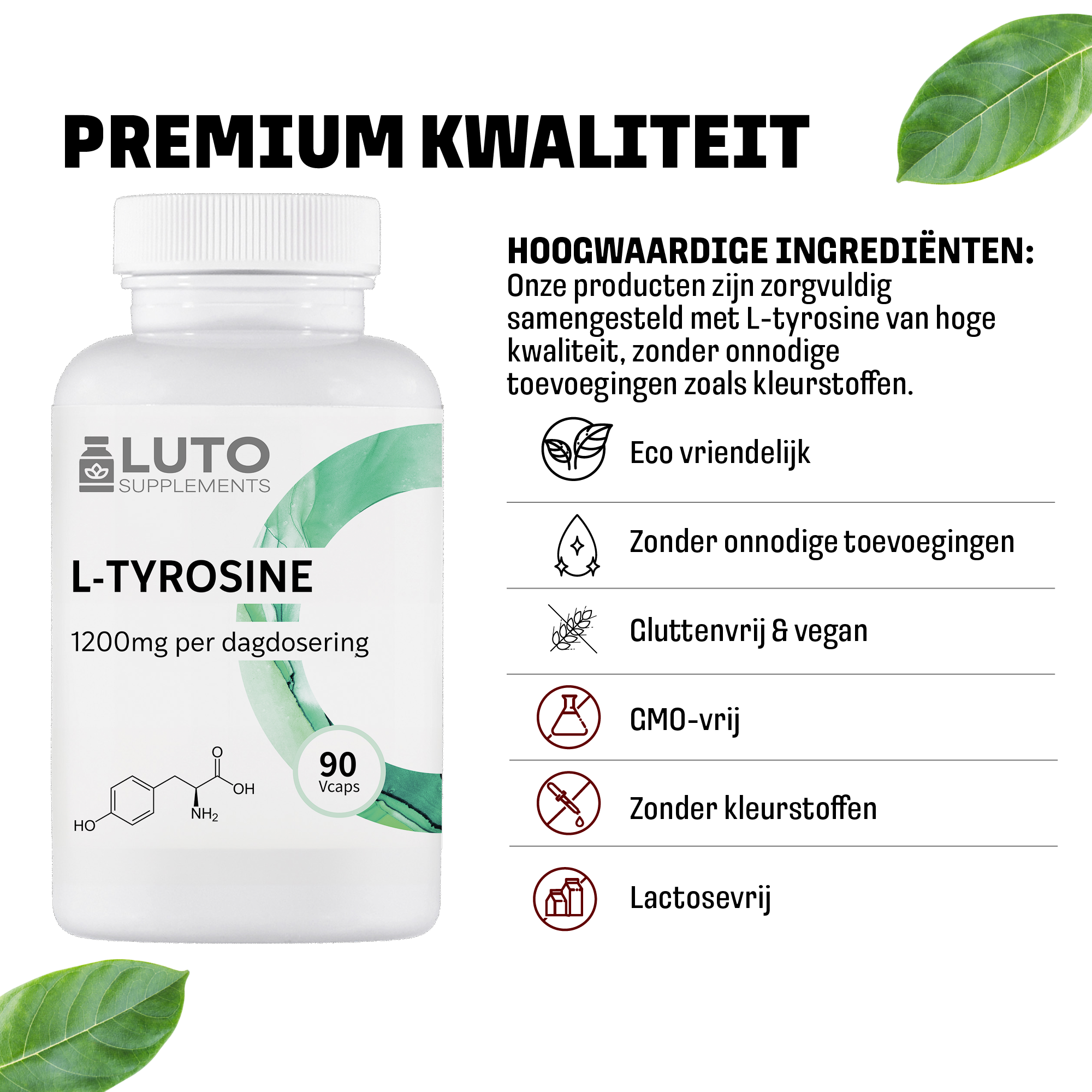 Qualité premium gélules LUTO L-Tyrosine, vegan, sans gluten, sans colorants ni arômes artificiels