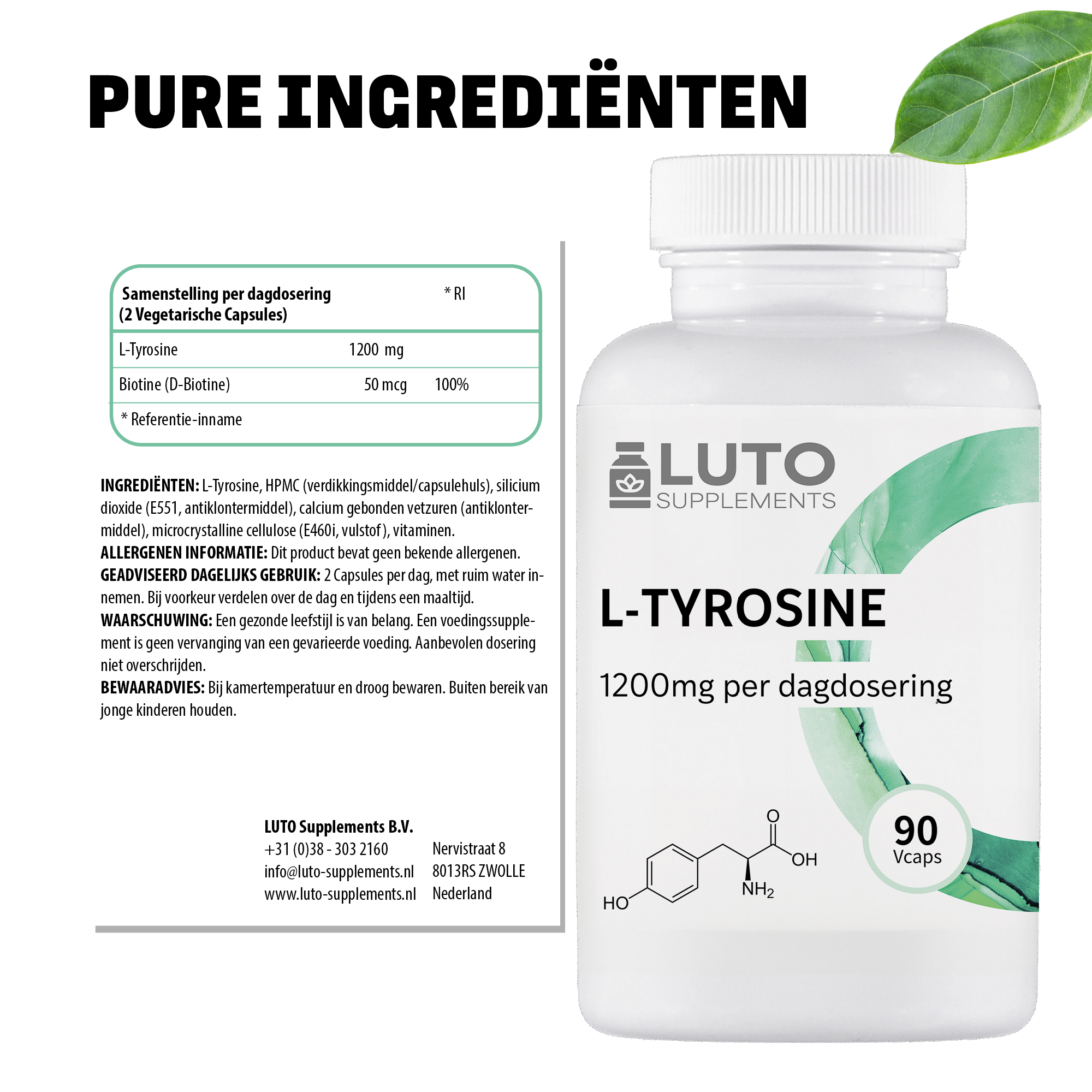 Ingrédients purs L-Tyrosine LUTO Supplements, 1200mg de L-Tyrosine par dose journalière avec vitamine B