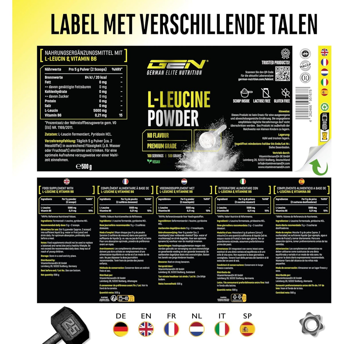 L-Leucine Powder 5000mg | 500 g | German Elite Nutrition