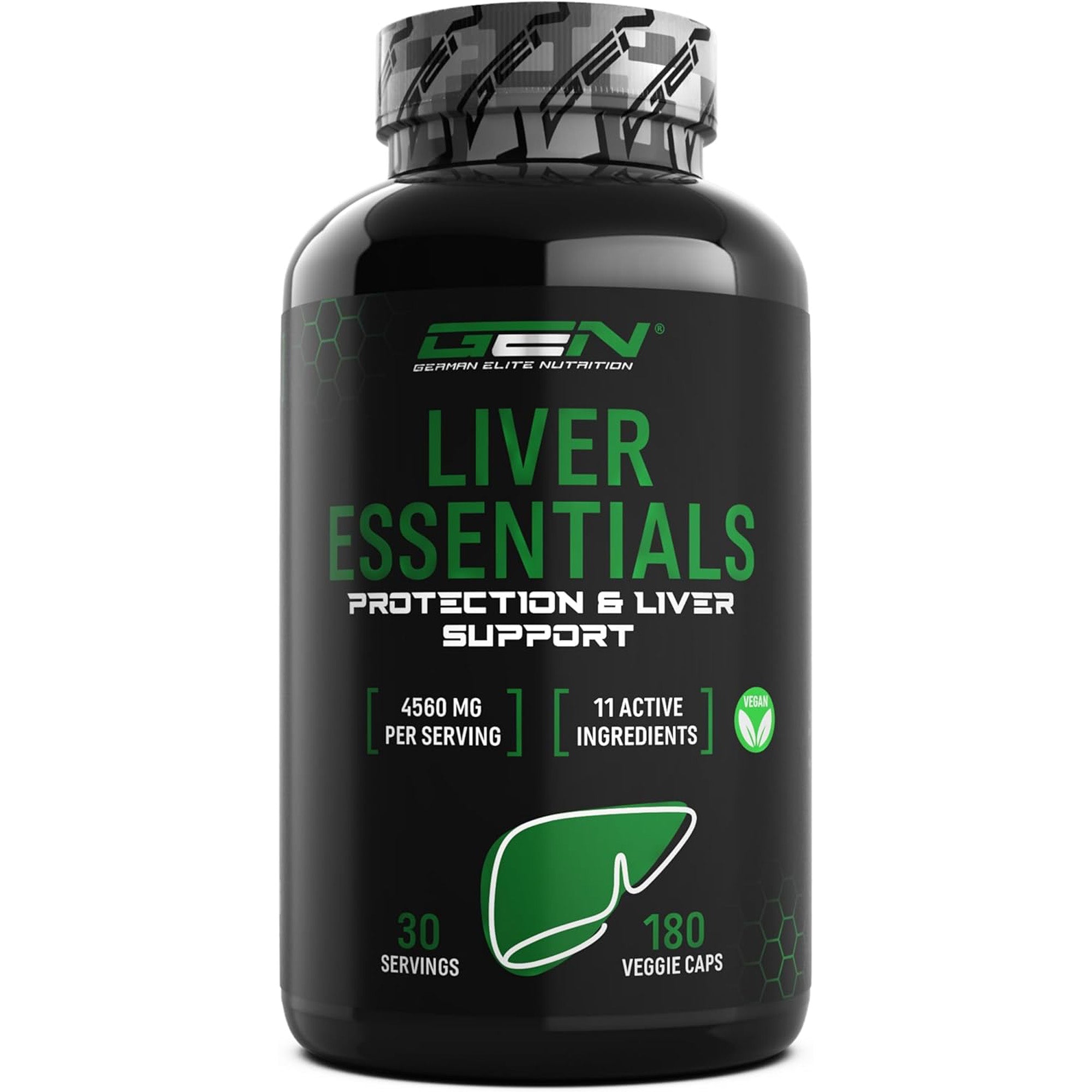 Image de l'emballage de Liver Essentials, avec le texte 'Protection & Liver Support' et des informations sur 4560 mg par dose et 11 ingrédients actifs.