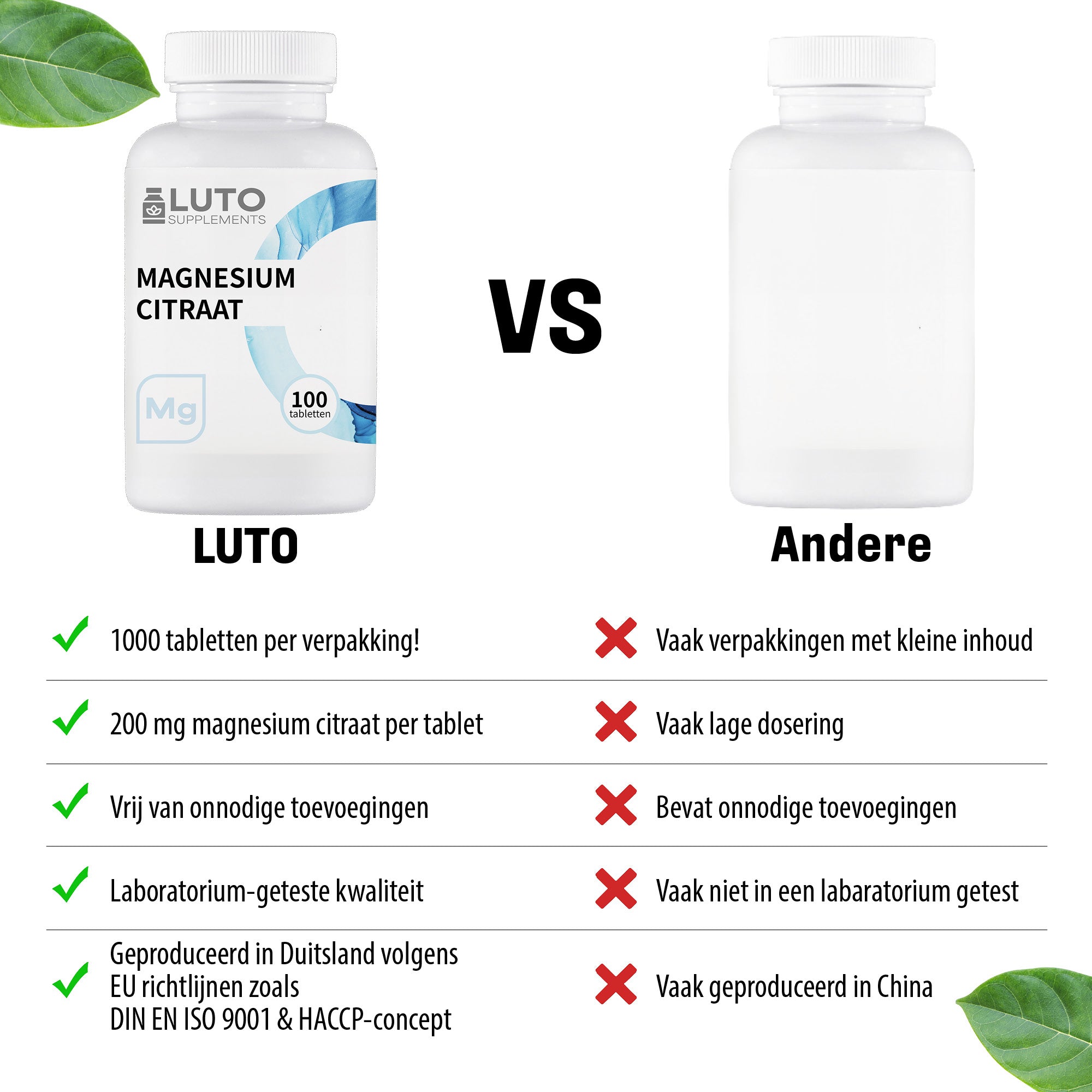 LUTO Citrate de Magnésium comparaison, 100 comprimés avec dosage élevé de magnésium élémentaire
