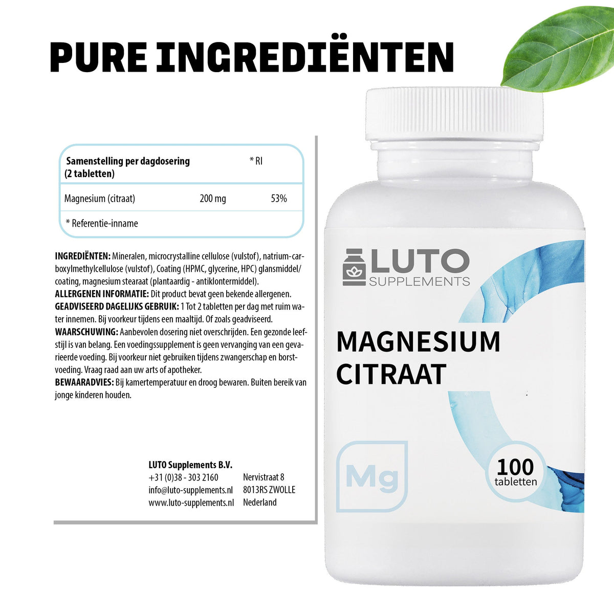 Ingrédients purs Citrate de Magnésium LUTO, magnésium élémentaire par comprimé avec composition complète
