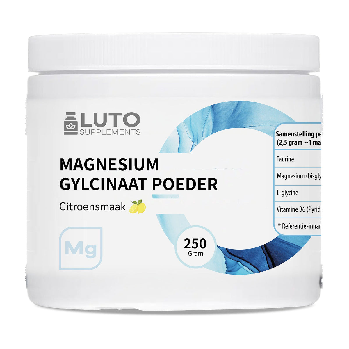 LUTO Supplements Magnésium Glycinate en poudre 250g goût citron avec L-carnitine et vitamine B6