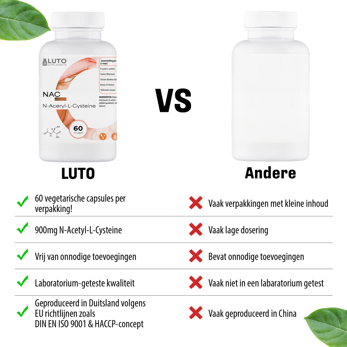 Ingrédients purs NAC LUTO Supplements - 900mg N-Acétyl-L-Cystéine, choline, silicium, biotine et vitamine B