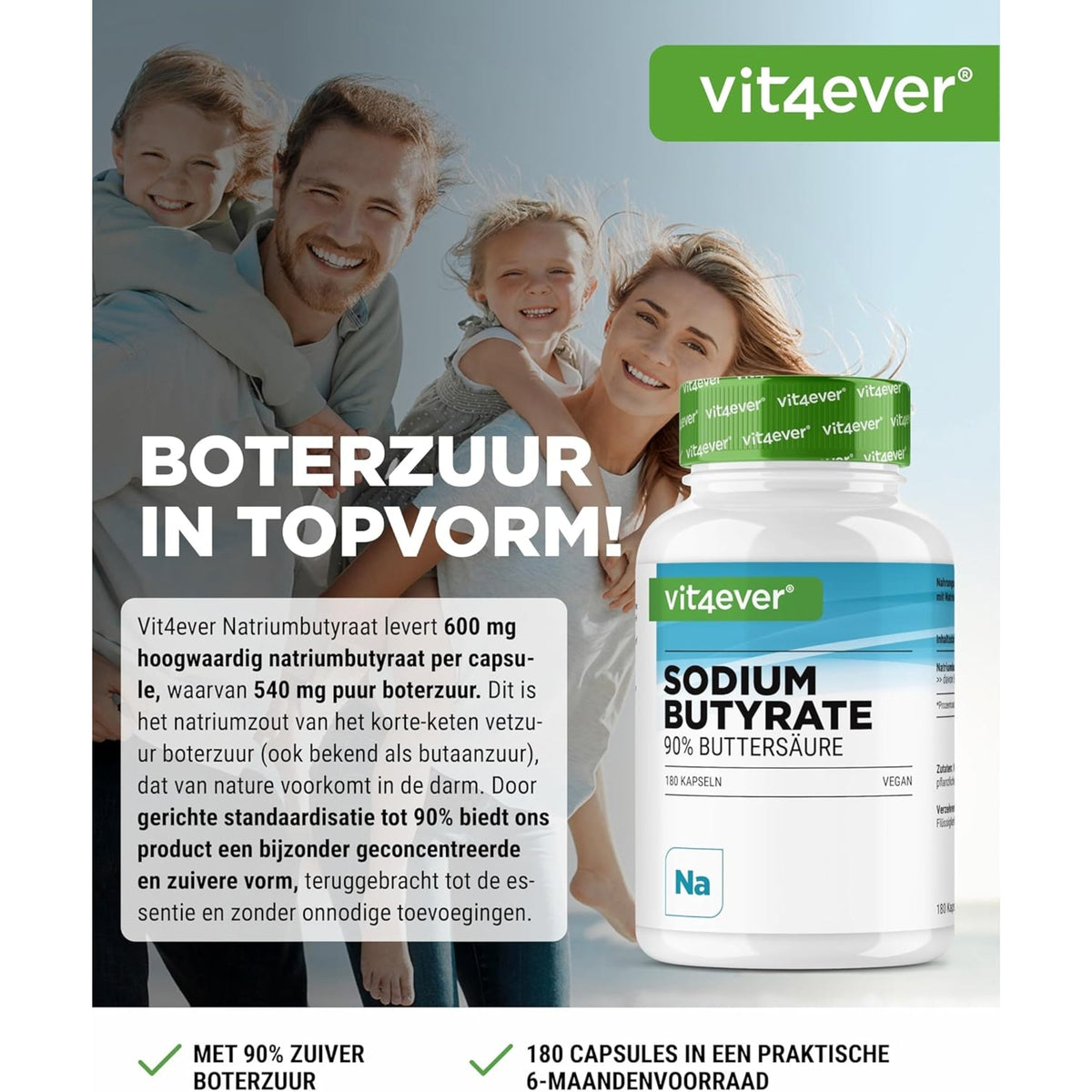 Vit4ever Butyrate de Sodium (Acide Butanoïque) 90% - complément d'acides aminés sans additifs inutiles