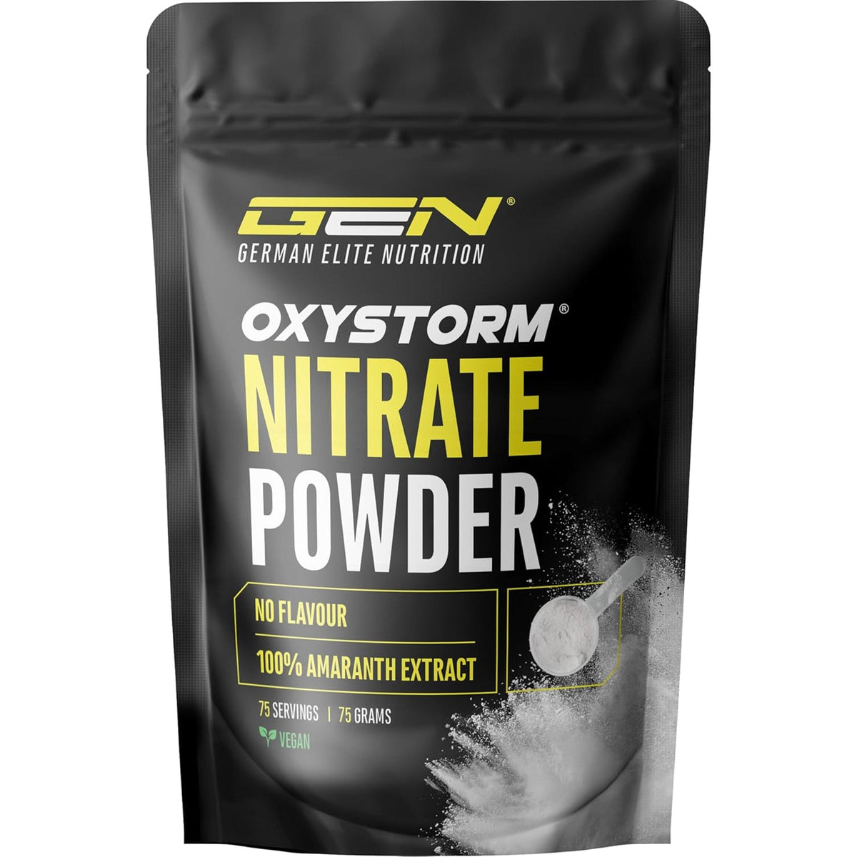Emballage souple noir de German Elite Nutrition Oxystorm® Nitrate Powder (75 g).